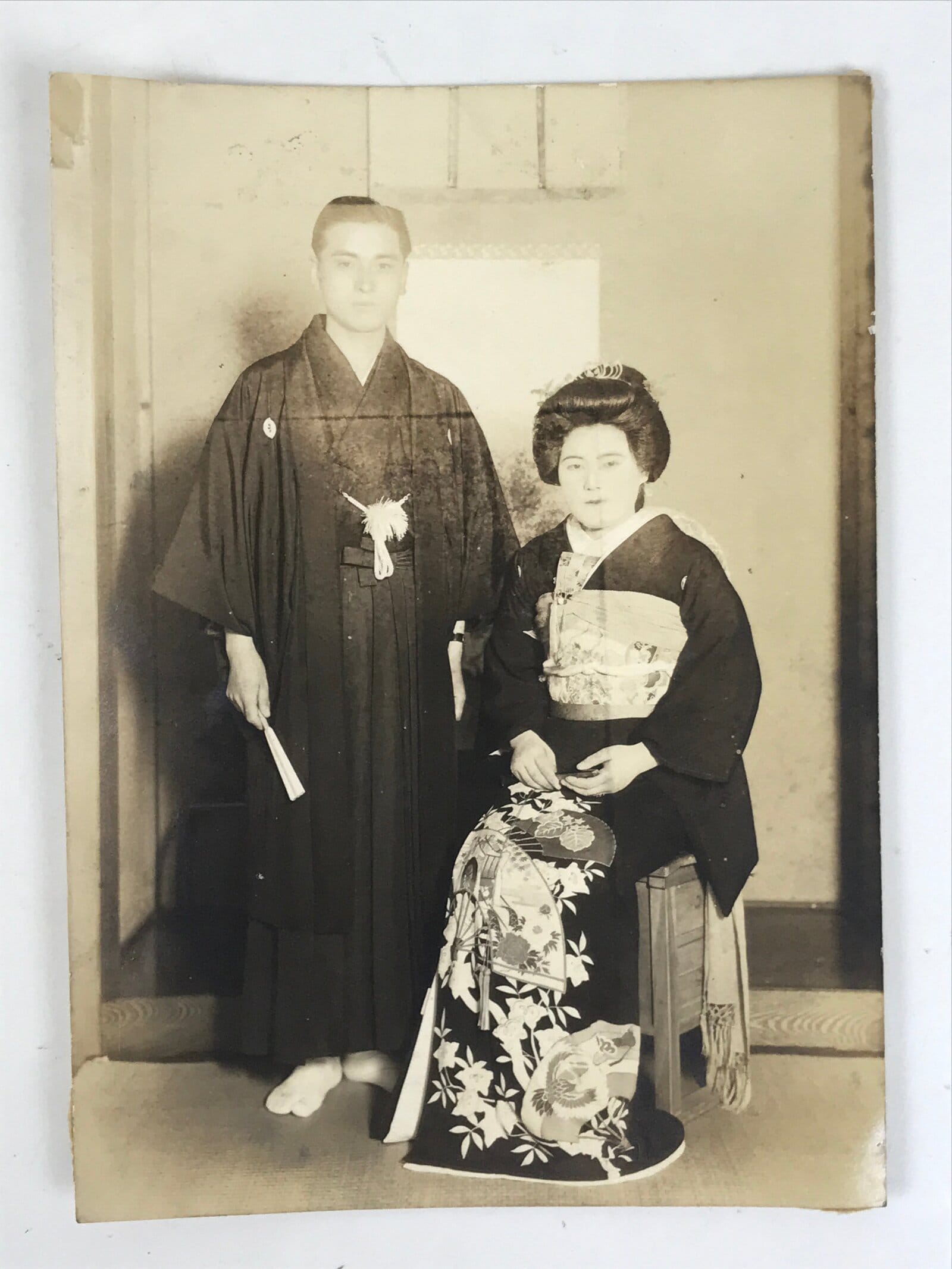 Japanese Wedding Photograph Vtg Traditional Kimono Bride Groom Sepia Tone PH102