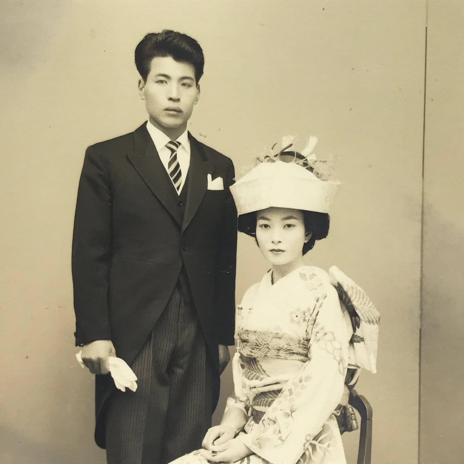 Japanese Wedding Photograph Vtg Traditional Kimono Bride Groom Sepia Tone PH113