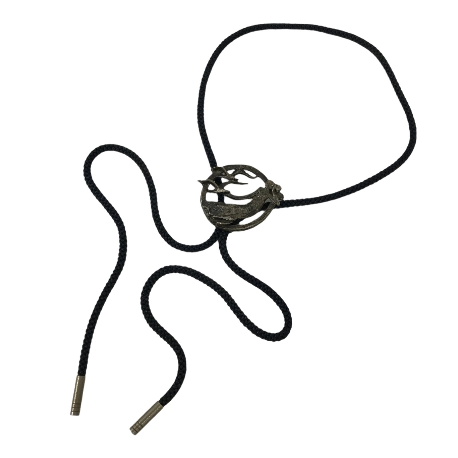 Japanese Western Bolo Loop Tie Vtg Woman Birds Slide Metal Tips Black JK888