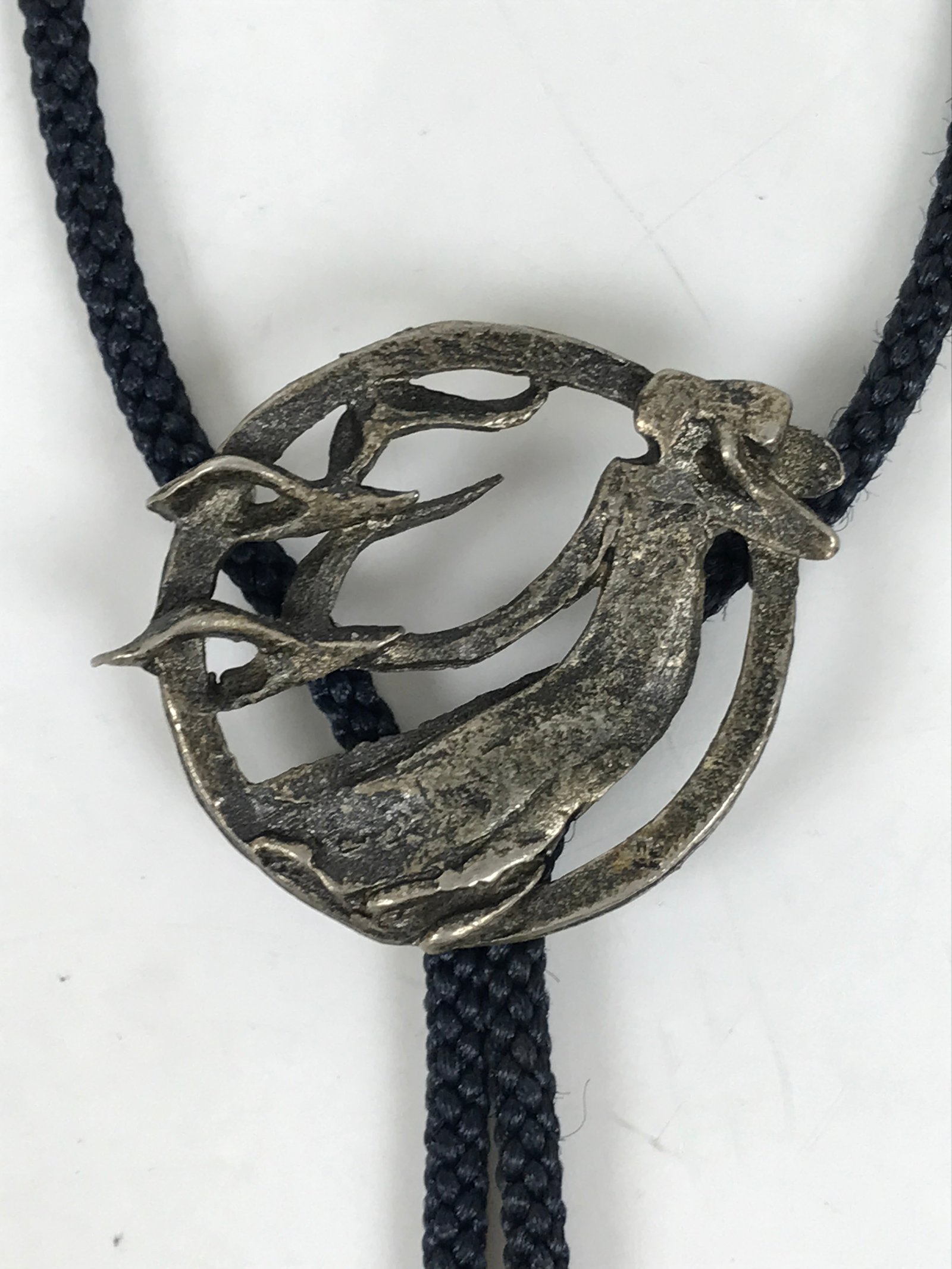 Japanese Western Bolo Loop Tie Vtg Woman Birds Slide Metal Tips Black JK888