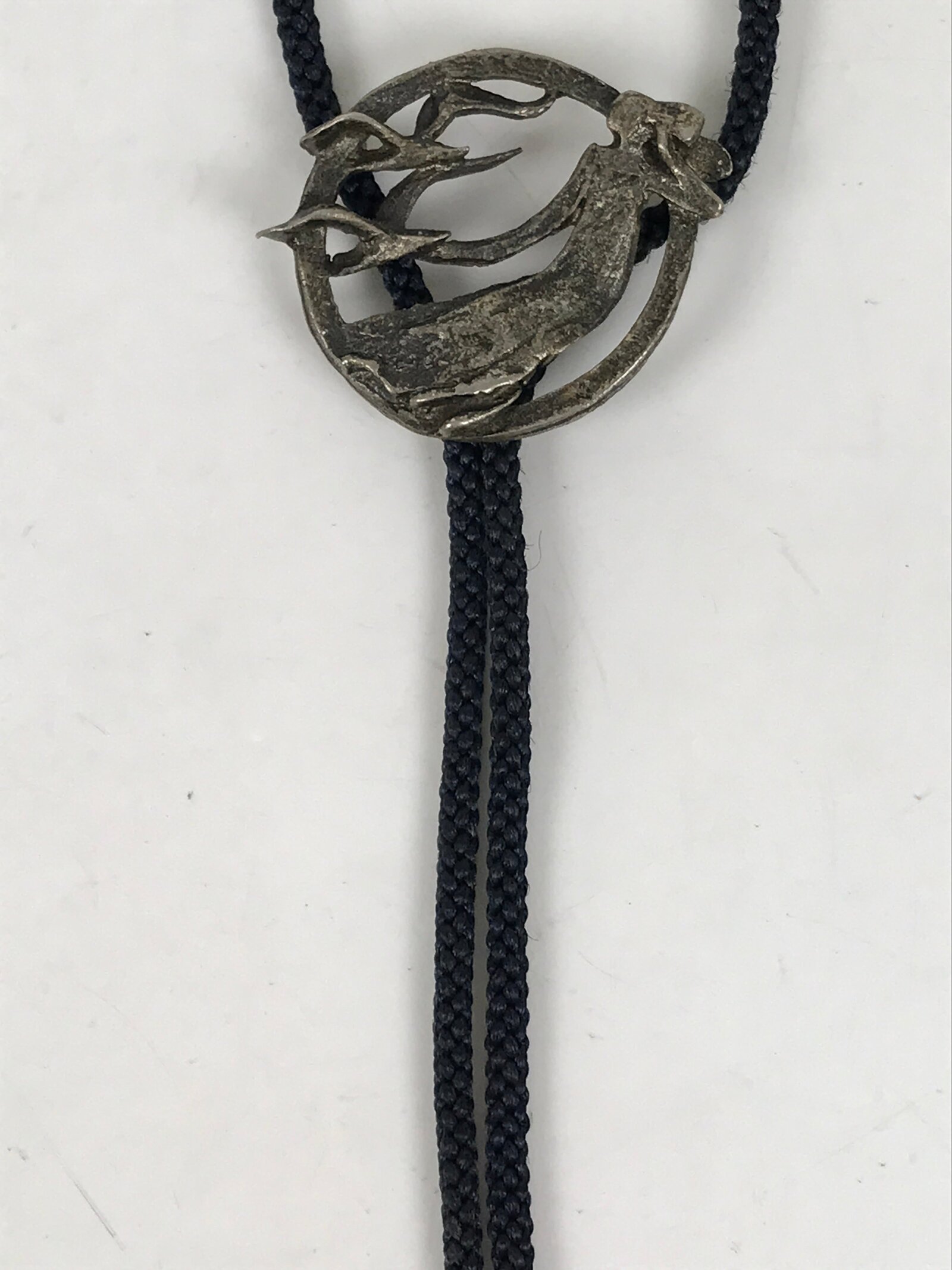 Japanese Western Bolo Loop Tie Vtg Woman Birds Slide Metal Tips Black JK888
