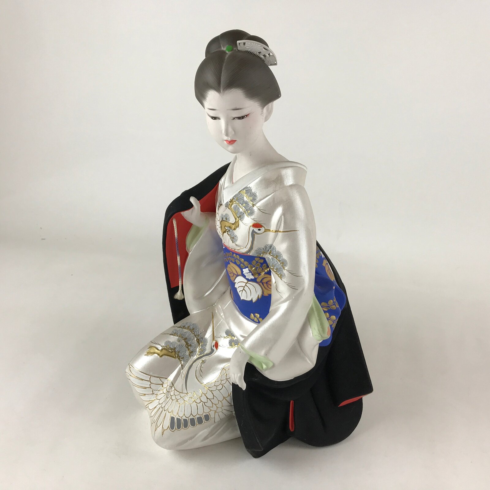 Japanese Woman Wearing Kimono Clay Statue Doll White Blue Hakata Ningyo BD949