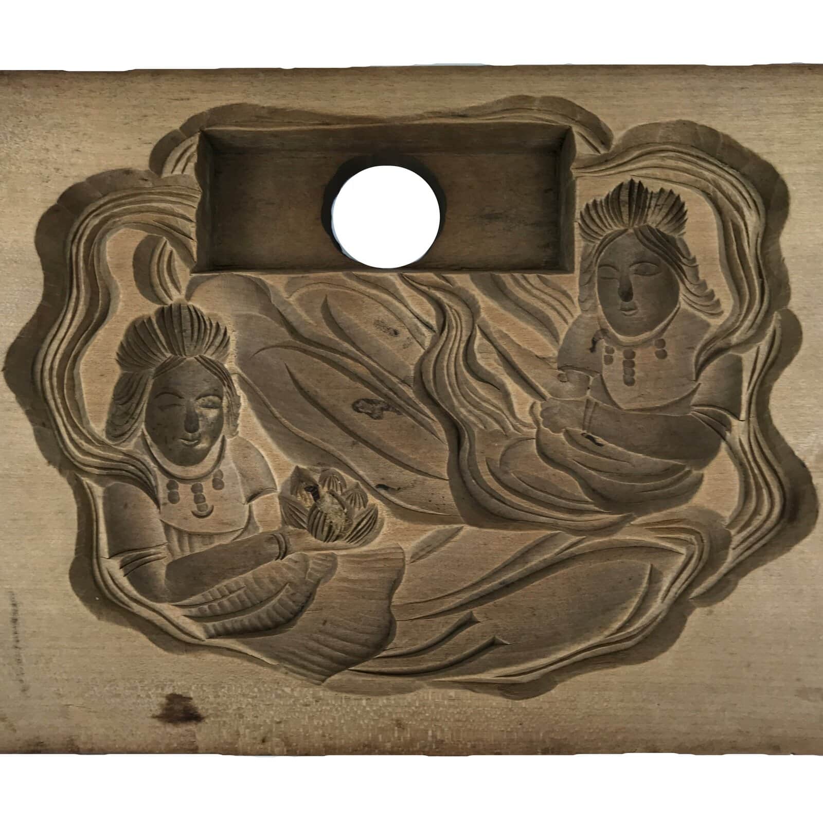Japanese Wood Carved Kashigata Cake Mold Vtg Sweet Wagashi Heavenly Beings Kg761