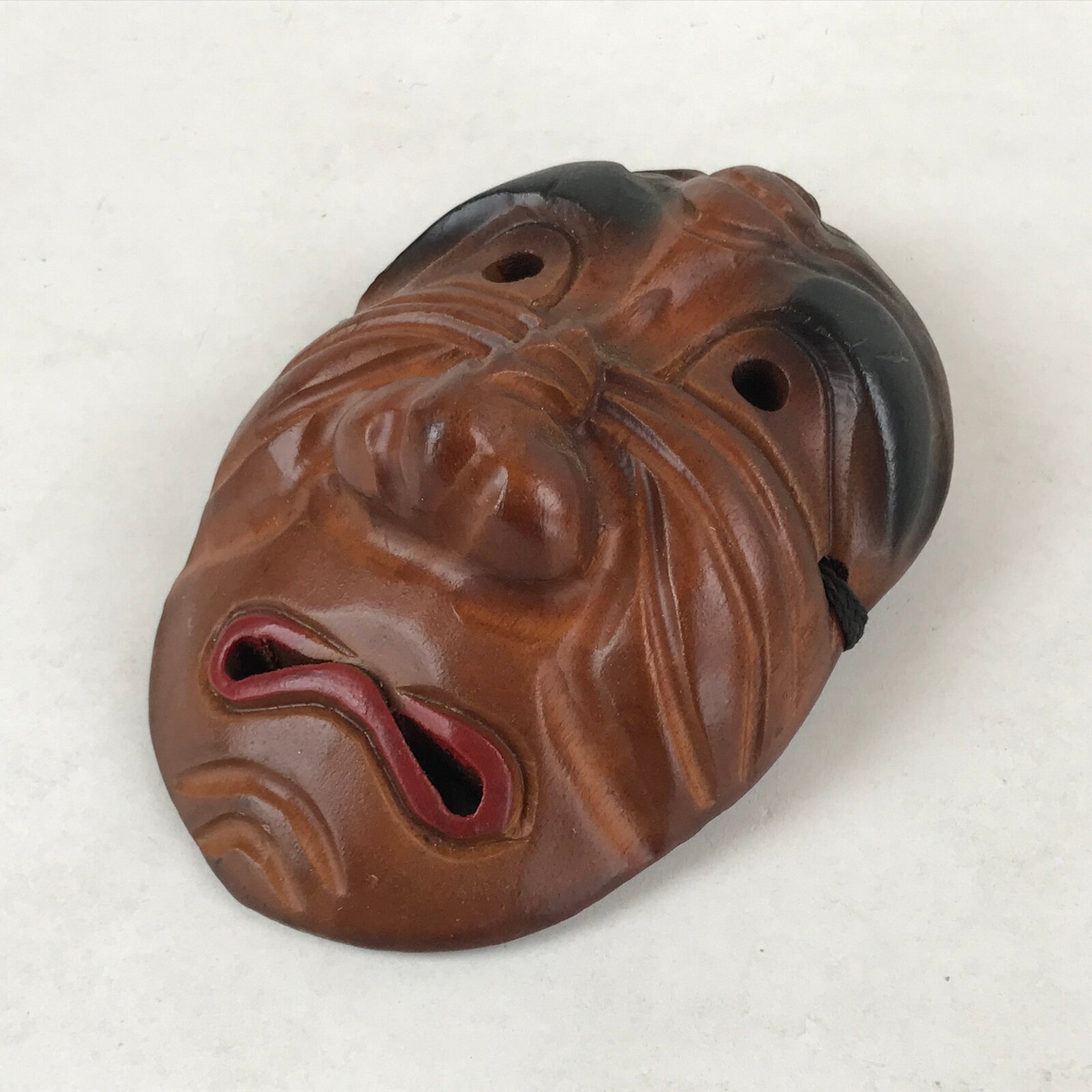 Japanese Wood Carving Noh Mask Kagura Face Vtg Kidoairaku Sadness Brown OM38