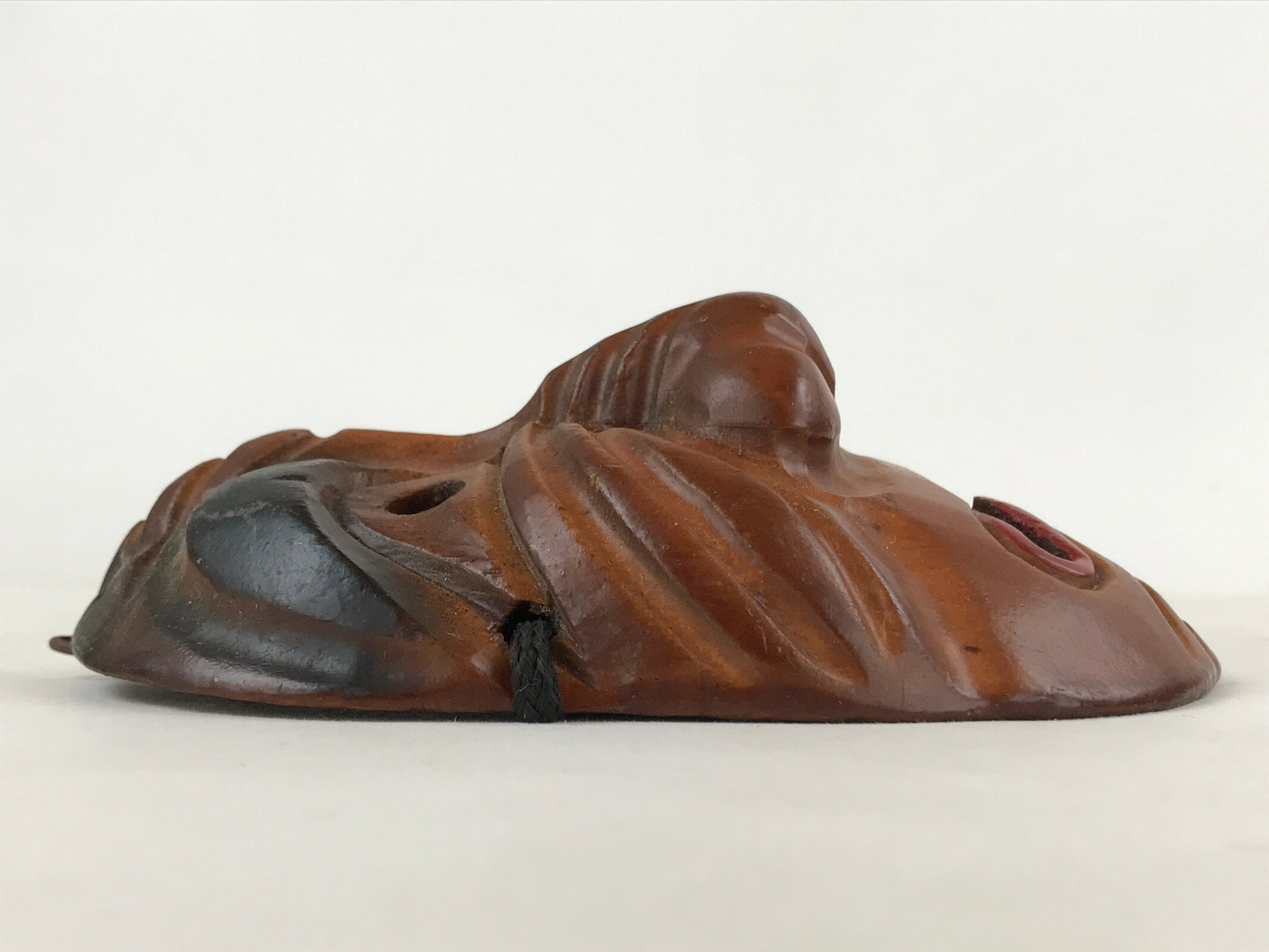 Japanese Wood Carving Noh Mask Kagura Face Vtg Kidoairaku Sadness Brown OM38