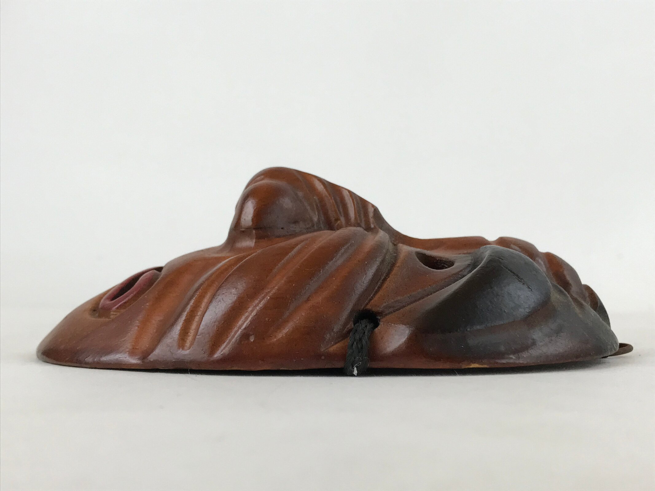 Japanese Wood Carving Noh Mask Kagura Face Vtg Kidoairaku Sadness Brown OM38