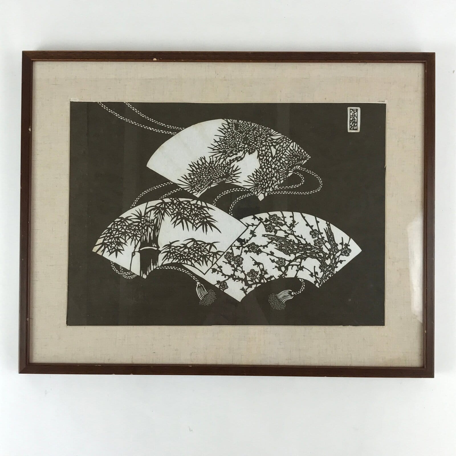 Japanese Wood Framed Ise Katagami Vtg Kimono Stencil Shochikubai Fans FR15