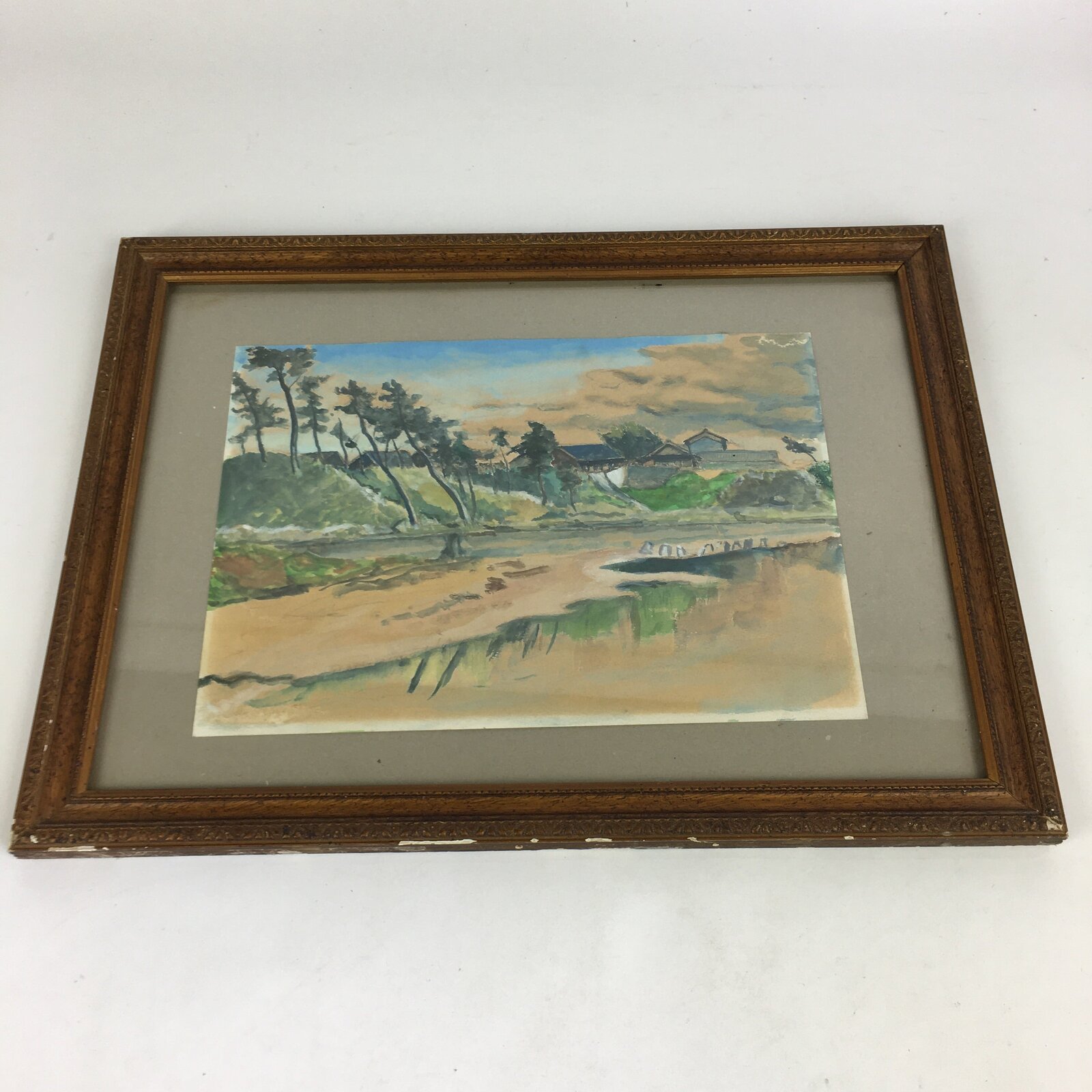 Japanese Wood Framed Landscape Painting Vtg Pine Tree Houses FL59