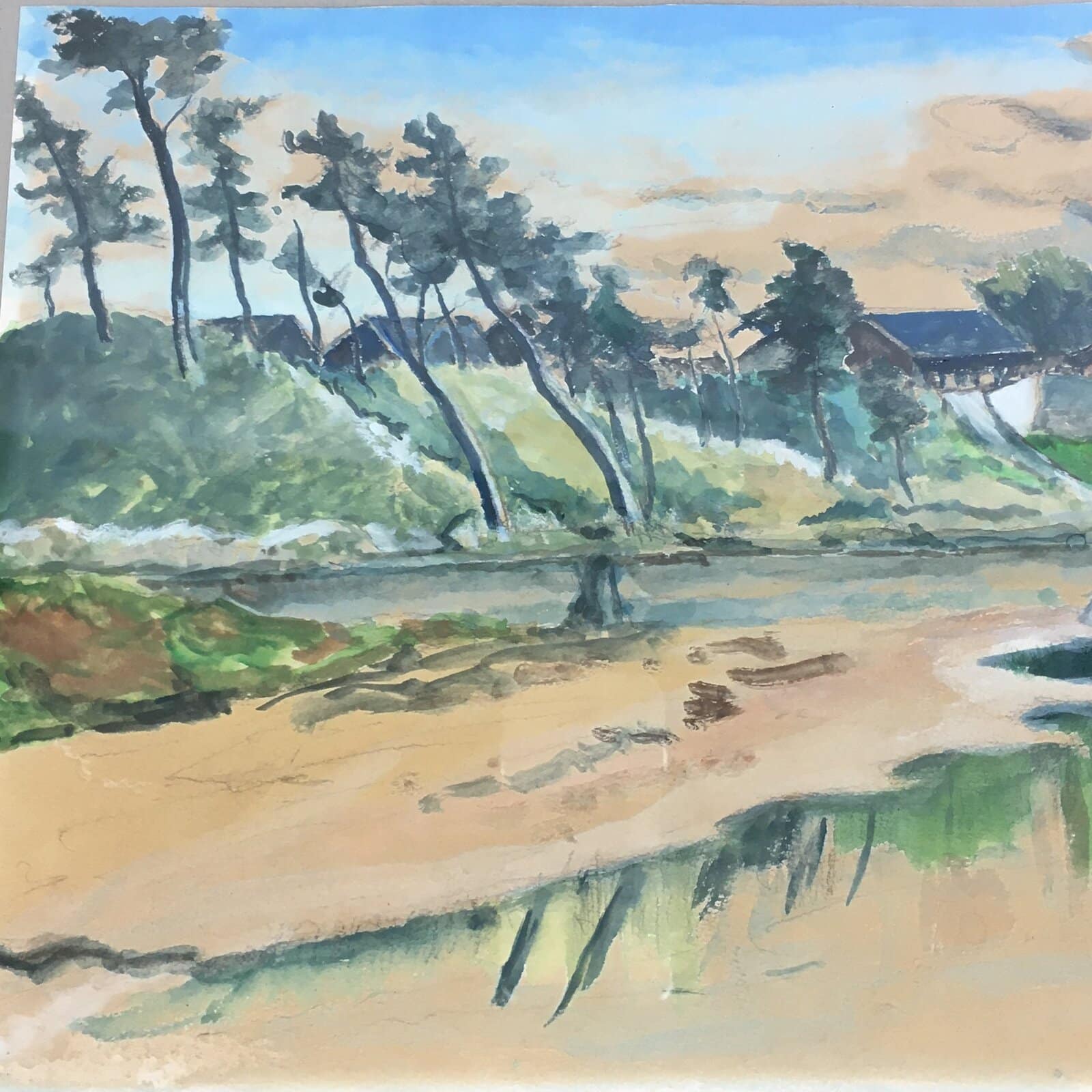 Japanese Wood Framed Landscape Painting Vtg Pine Tree Houses FL59