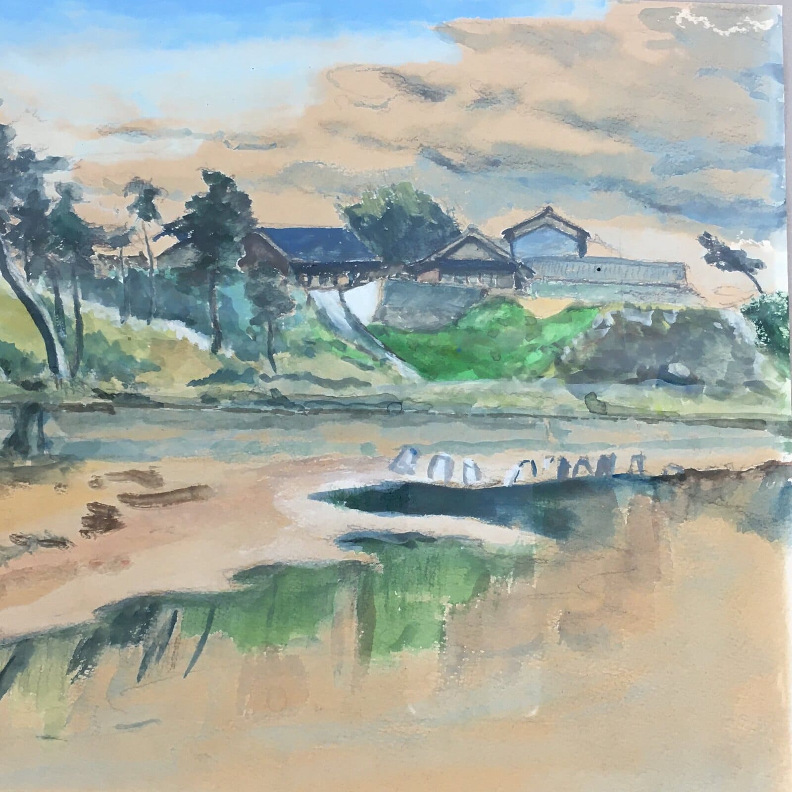 Japanese Wood Framed Landscape Painting Vtg Pine Tree Houses FL59