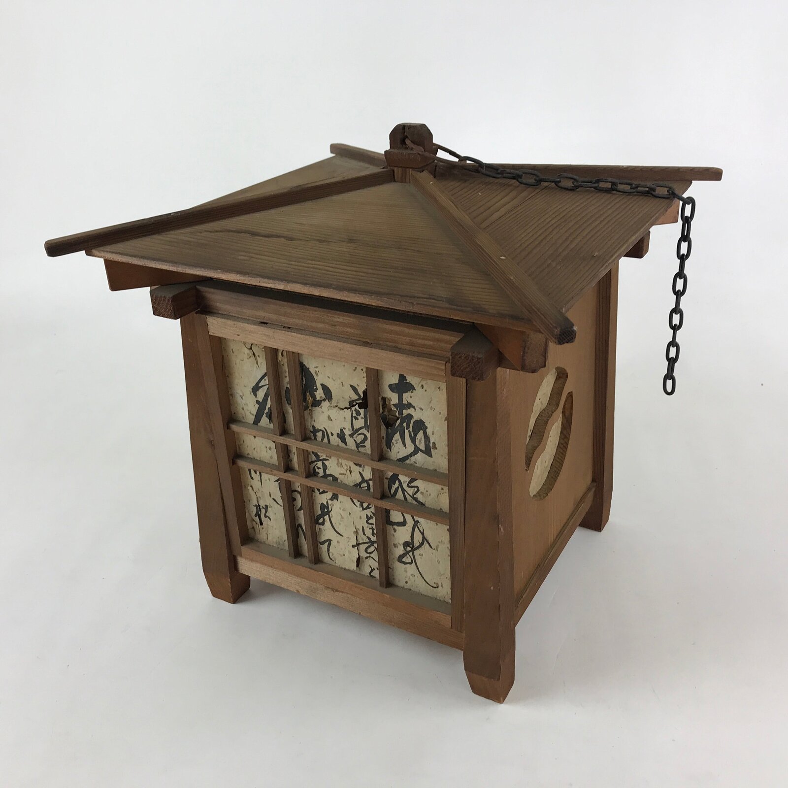 Japanese Wood Hanging Lantern Vtg Pagoda Square Candle Paper Washi LT65