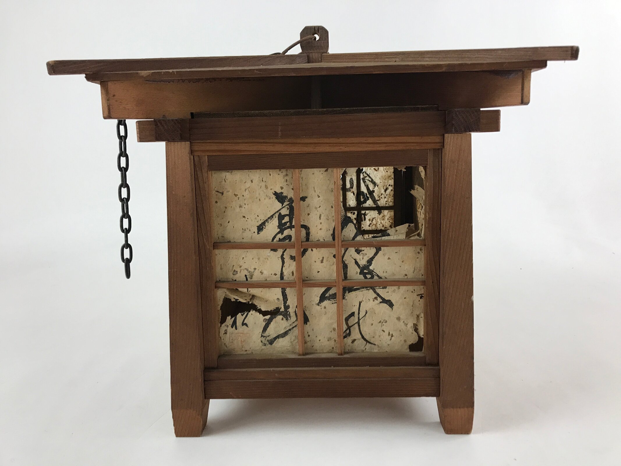 Japanese Wood Hanging Lantern Vtg Pagoda Square Candle Paper Washi LT65