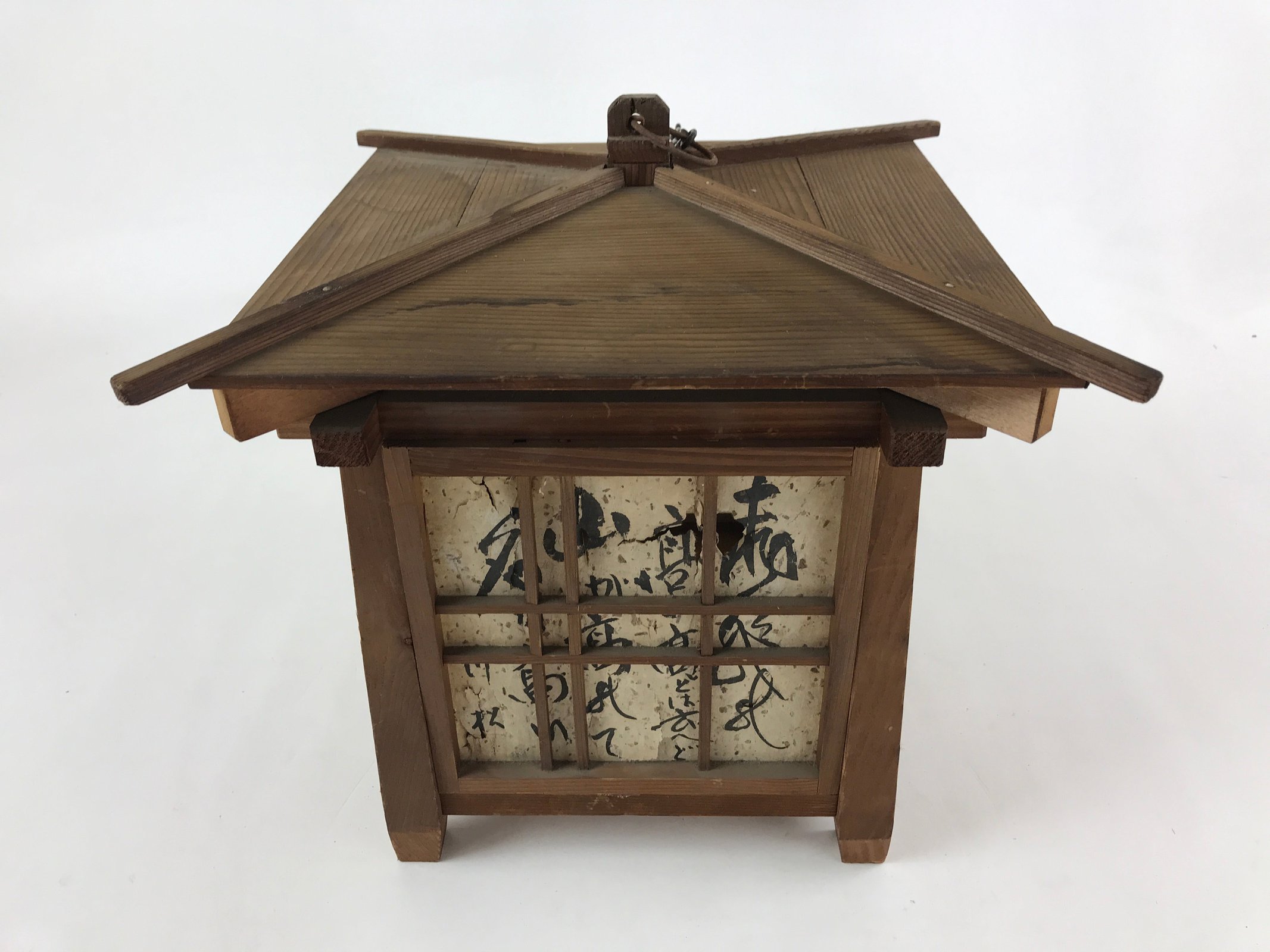 Japanese Wood Hanging Lantern Vtg Pagoda Square Candle Paper Washi LT65
