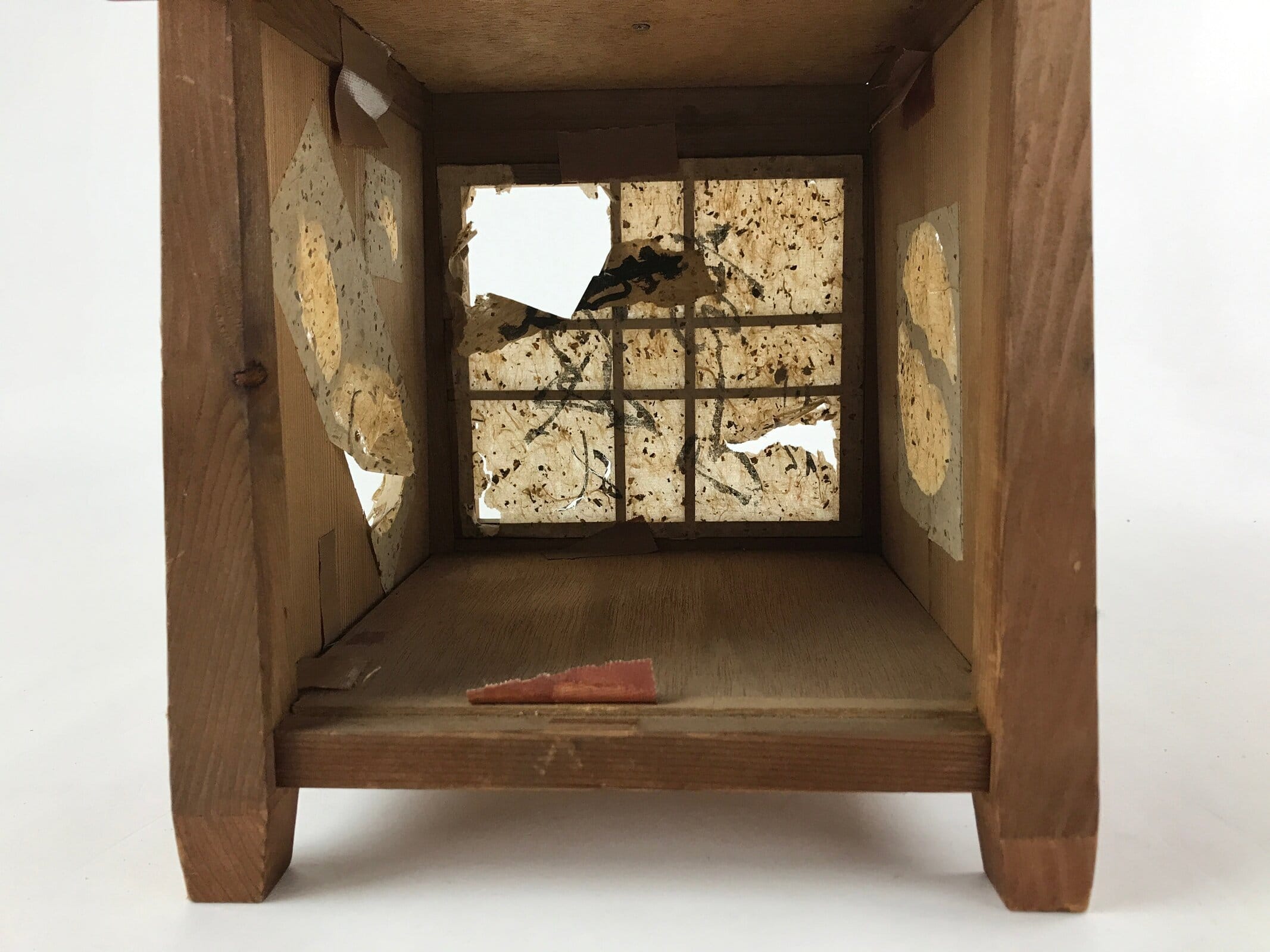 Japanese Wood Hanging Lantern Vtg Pagoda Square Candle Paper Washi LT65