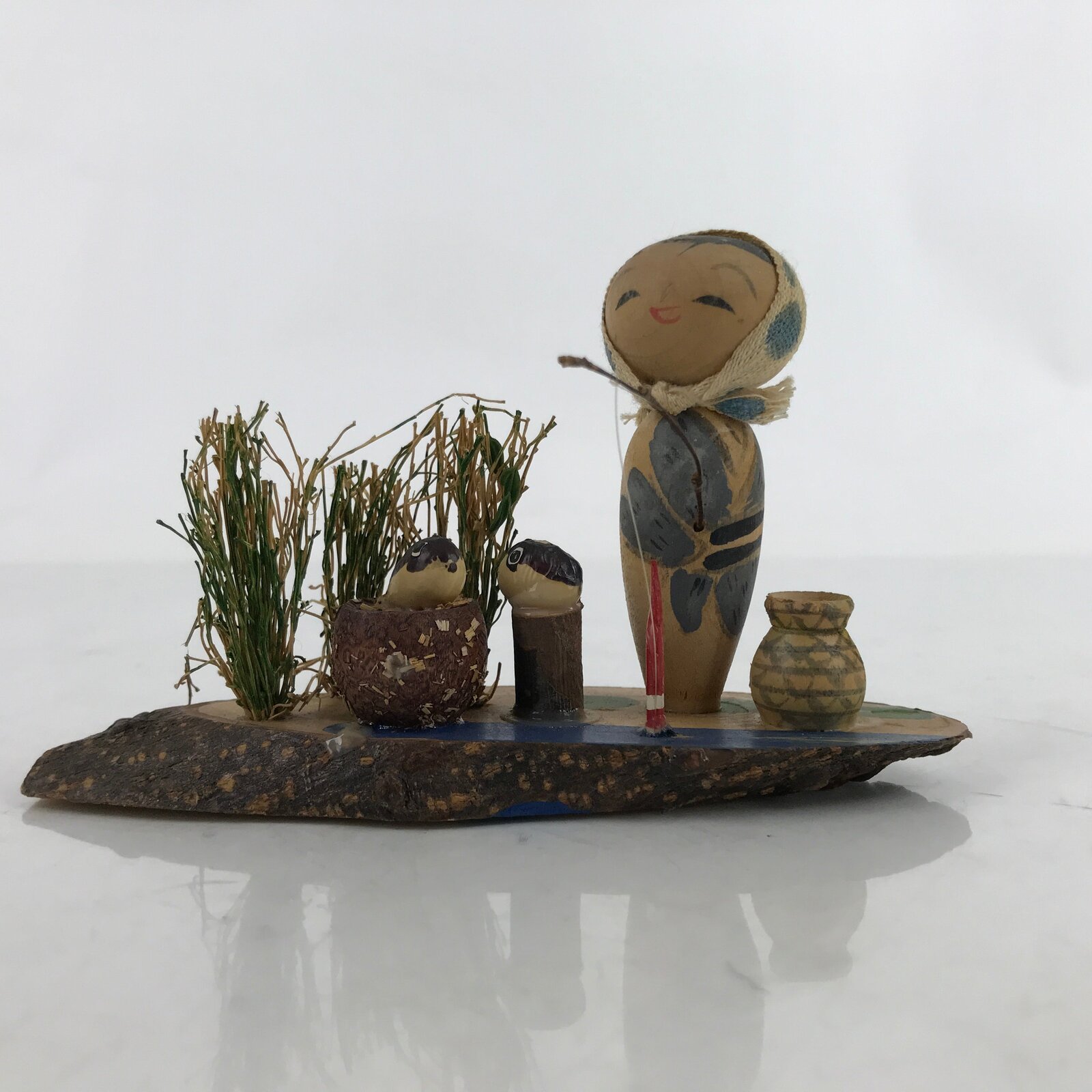 Japanese Wood Kokeshi Doll Vtg Bobblehead Fishing Traditional Toy Folk Art KF714