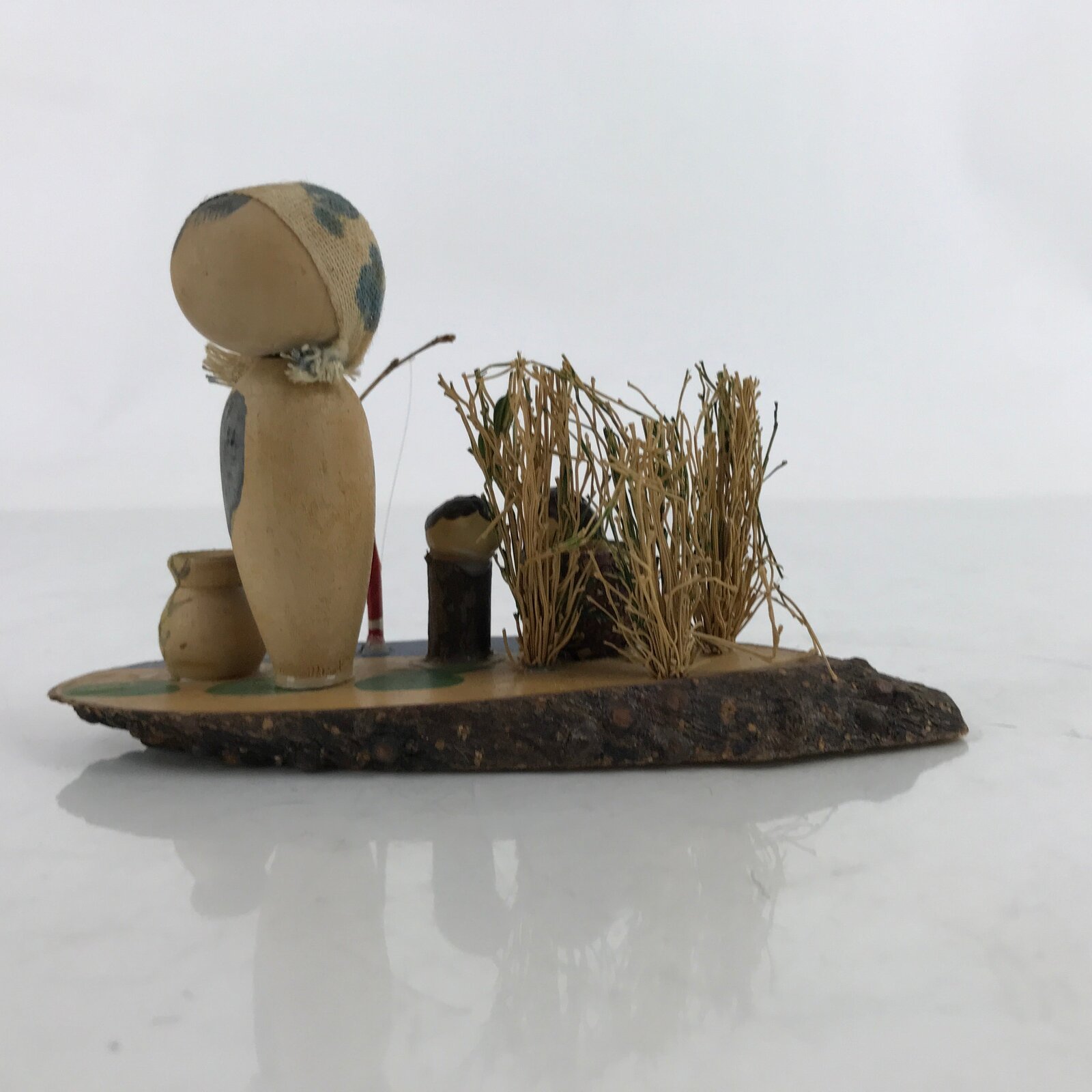 Japanese Wood Kokeshi Doll Vtg Bobblehead Fishing Traditional Toy Folk Art KF714