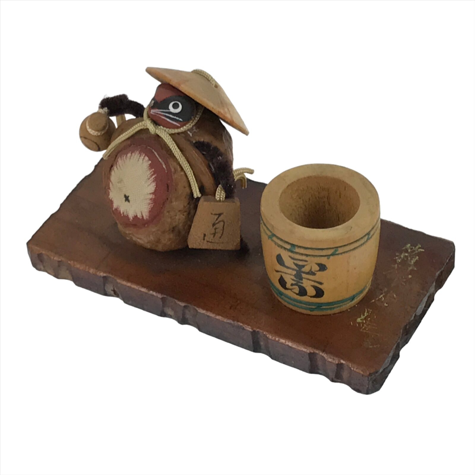 Japanese Wood Kokeshi Doll Vtg Walnut Tanuki Racoon Dog Folk Art KF693