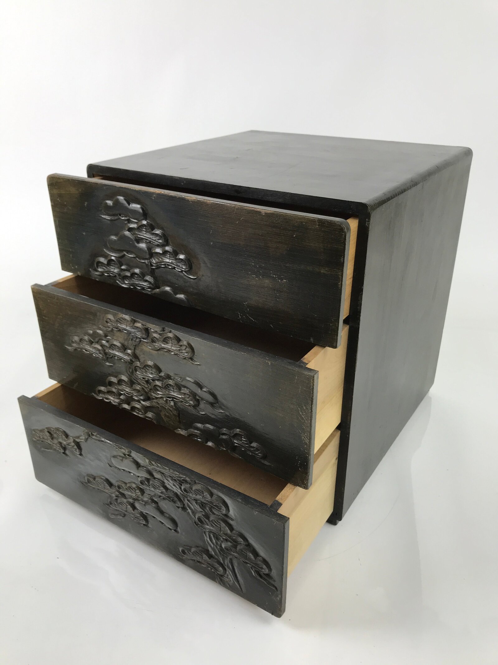 Japanese Wood Tansu Storage Chest Haribako Sewing Box 3 Drawers Pine Tree T399