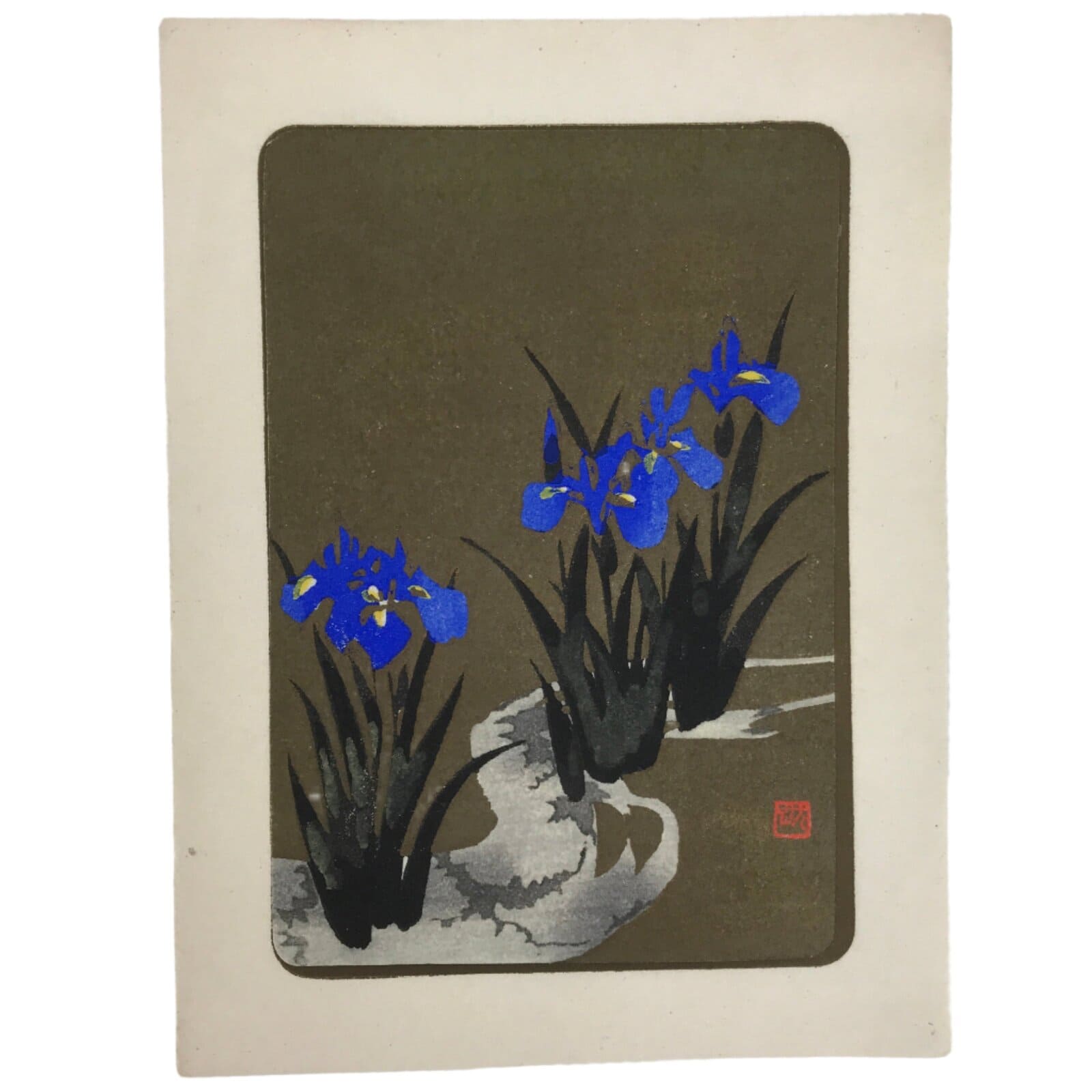 Japanese Woodblock Print Paper Card Vtg Blue Iris Flower Ayame Gold Black P382