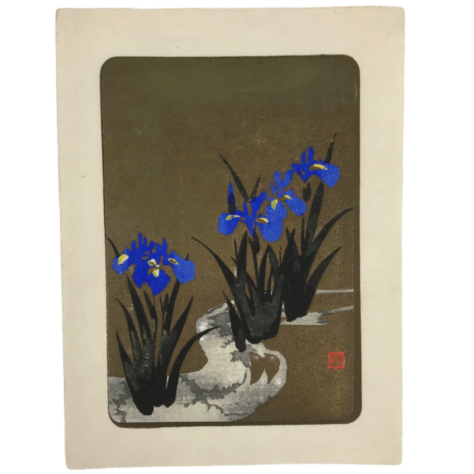 Japanese Woodblock Print Paper Card Vtg Blue Iris Flower Ayame Gold Black P384