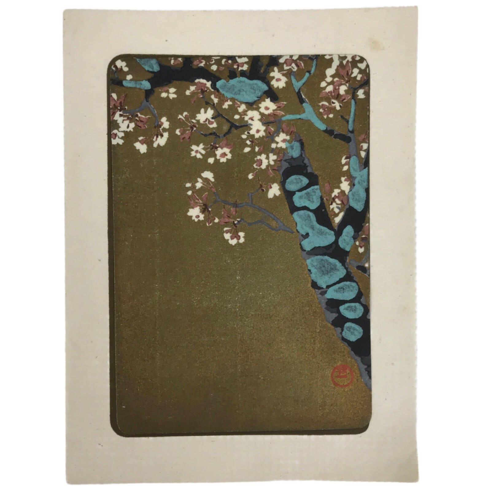Japanese Woodblock Print Paper Card Vtg Cherry Blossoms Sakura Gold P383