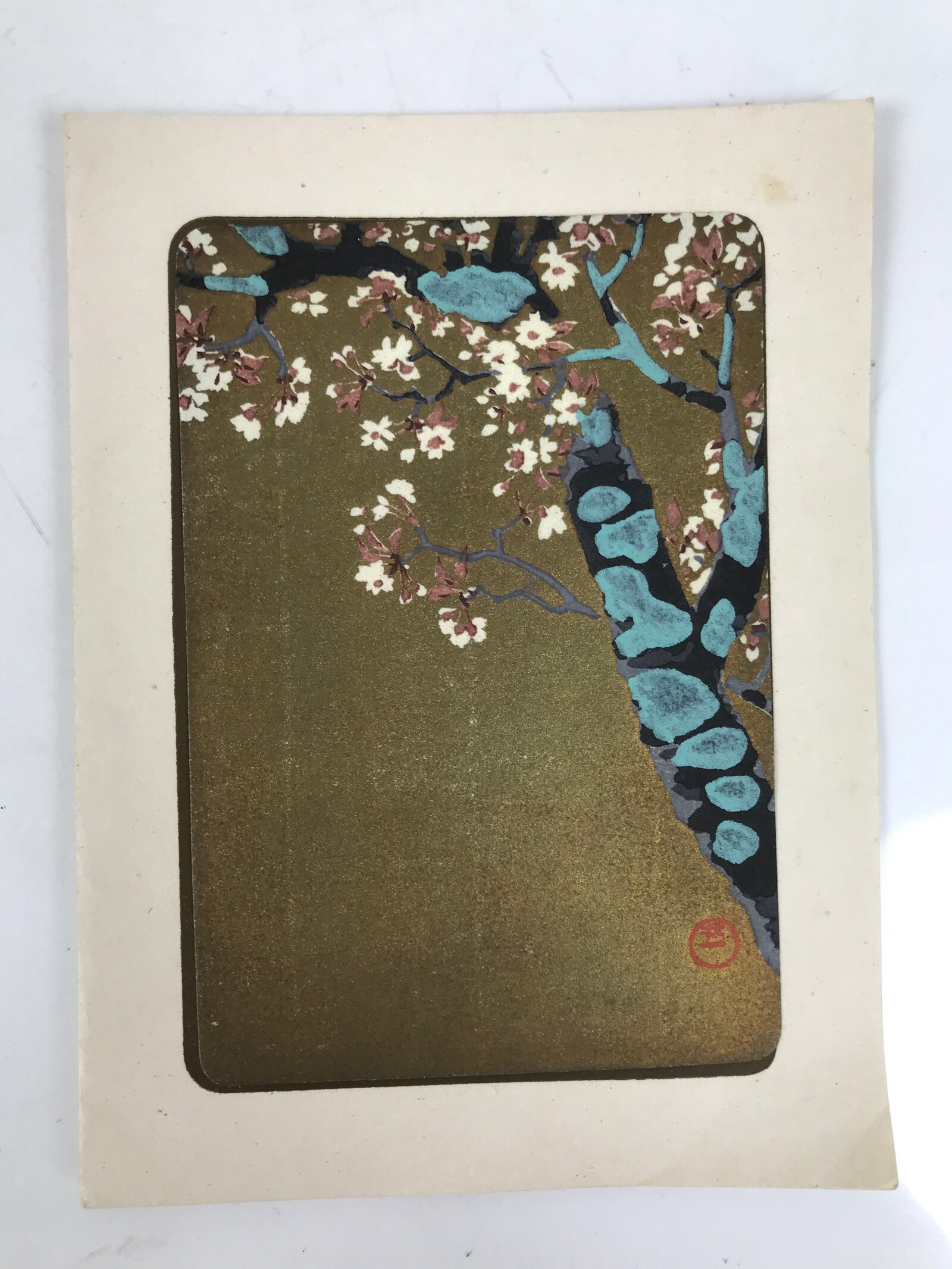 Japanese Woodblock Print Paper Card Vtg Cherry Blossoms Sakura Gold P383