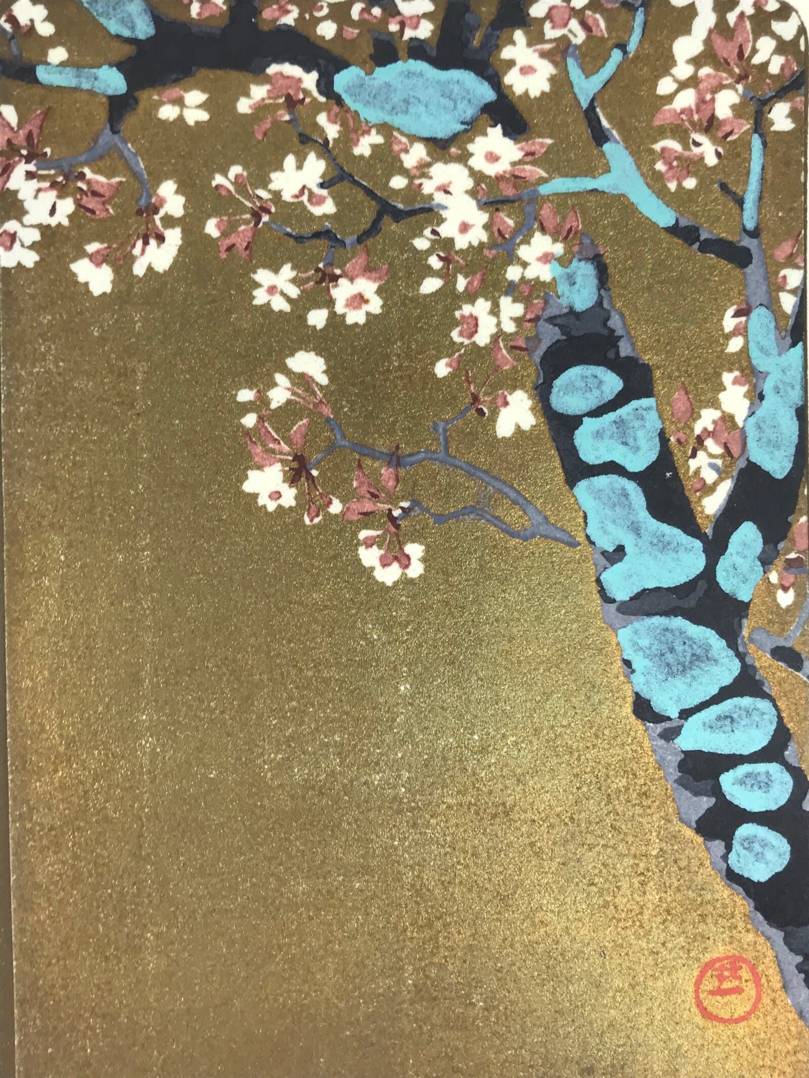 Japanese Woodblock Print Paper Card Vtg Cherry Blossoms Sakura Gold P383