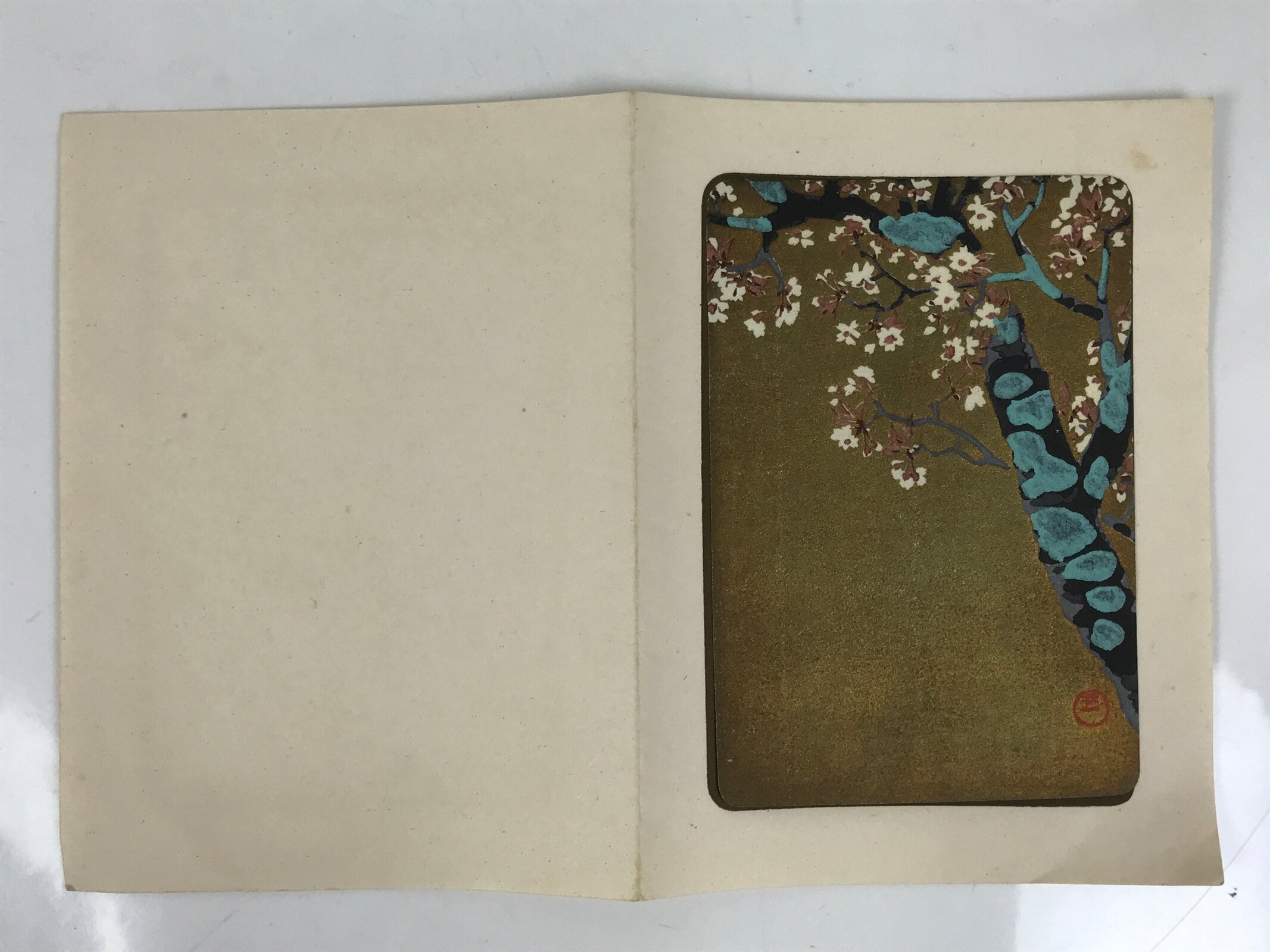 Japanese Woodblock Print Paper Card Vtg Cherry Blossoms Sakura Gold P383