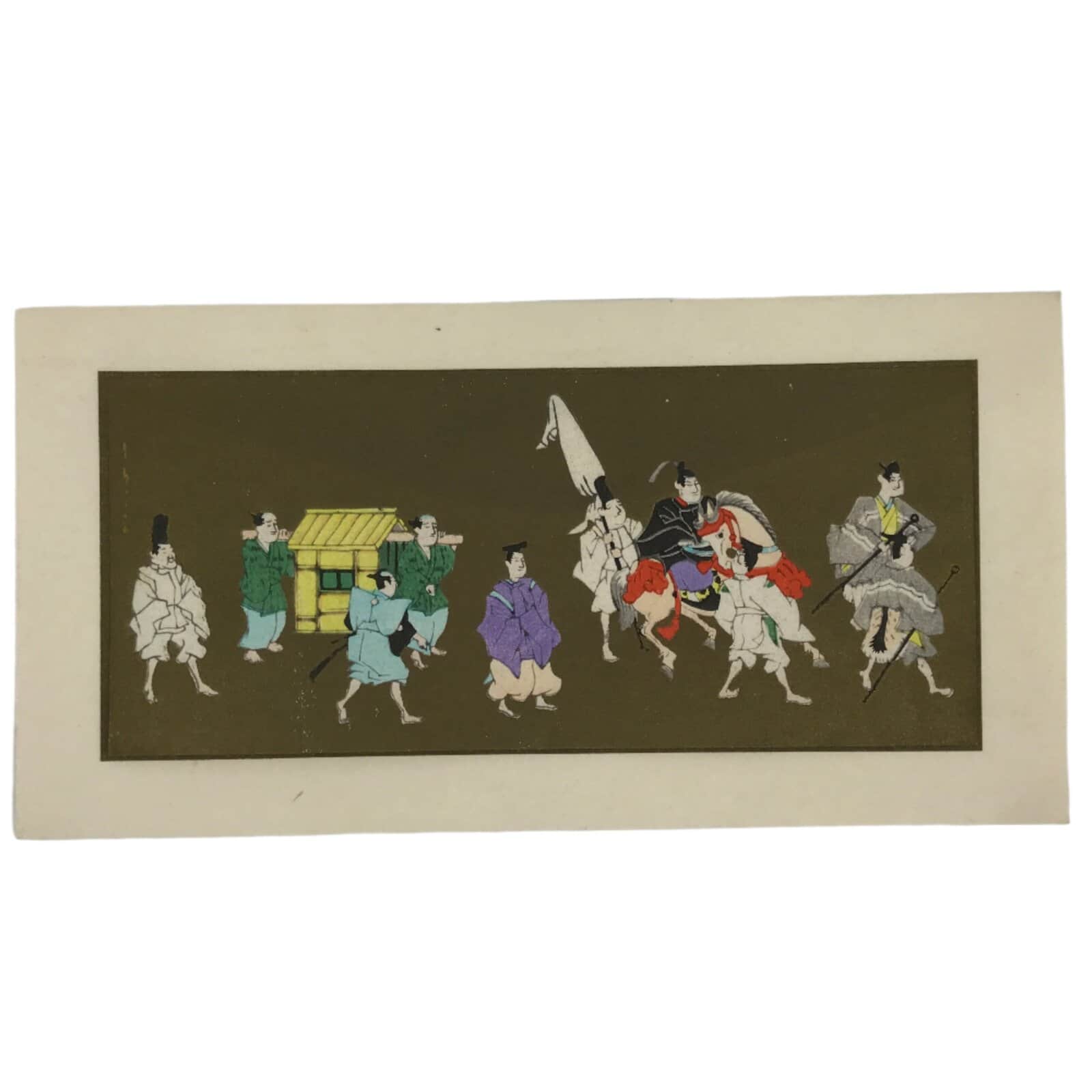 Japanese Woodblock Print Paper Card Vtg Daimyo Procession Samurai Gold P389