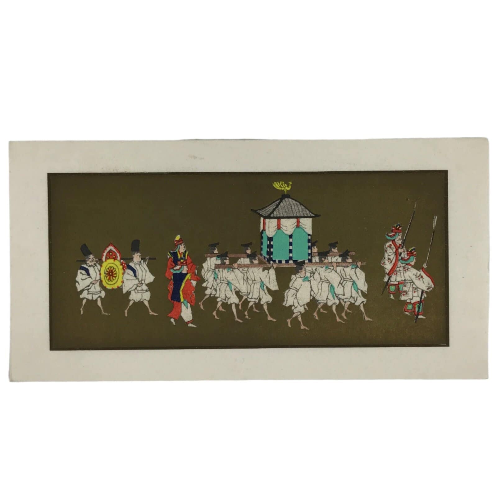 Japanese Woodblock Print Paper Card Vtg Emperor Procession Gold P390