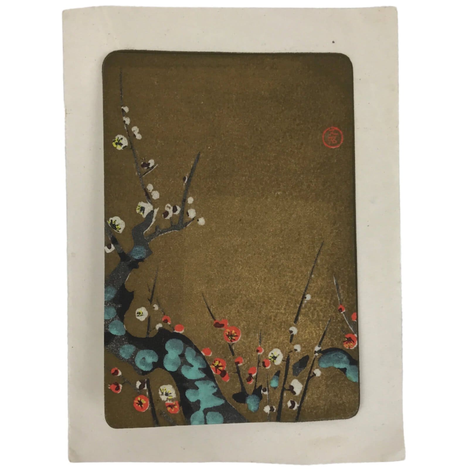 Japanese Woodblock Print Paper Card Vtg Plum Blossoms Ume Gold P386