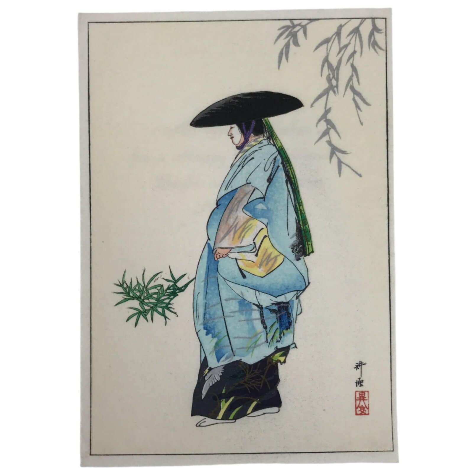 Japanese Woodblock Print Reproduction Vtg Kogyo Tsukioka Sumidagawa Noh P378