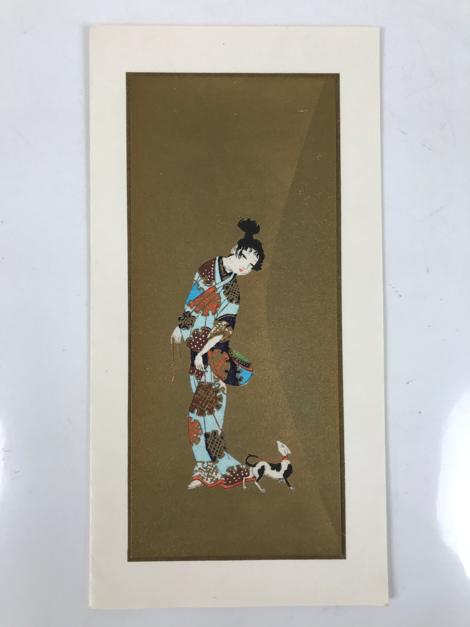 Japanese Woodblock Print Reproduction Vtg Woman Dog Kimono Ukiyoe Gold P394