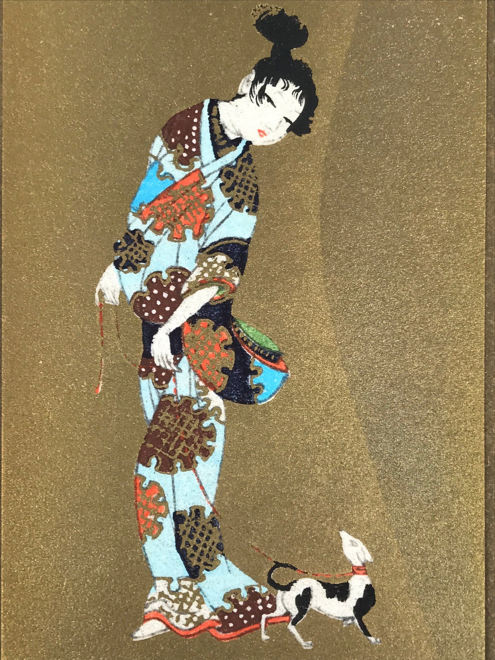 Japanese Woodblock Print Reproduction Vtg Woman Dog Kimono Ukiyoe Gold P394