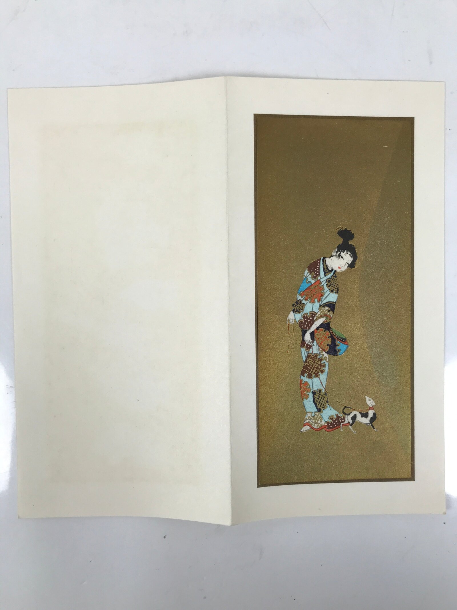 Japanese Woodblock Print Reproduction Vtg Woman Dog Kimono Ukiyoe Gold P394