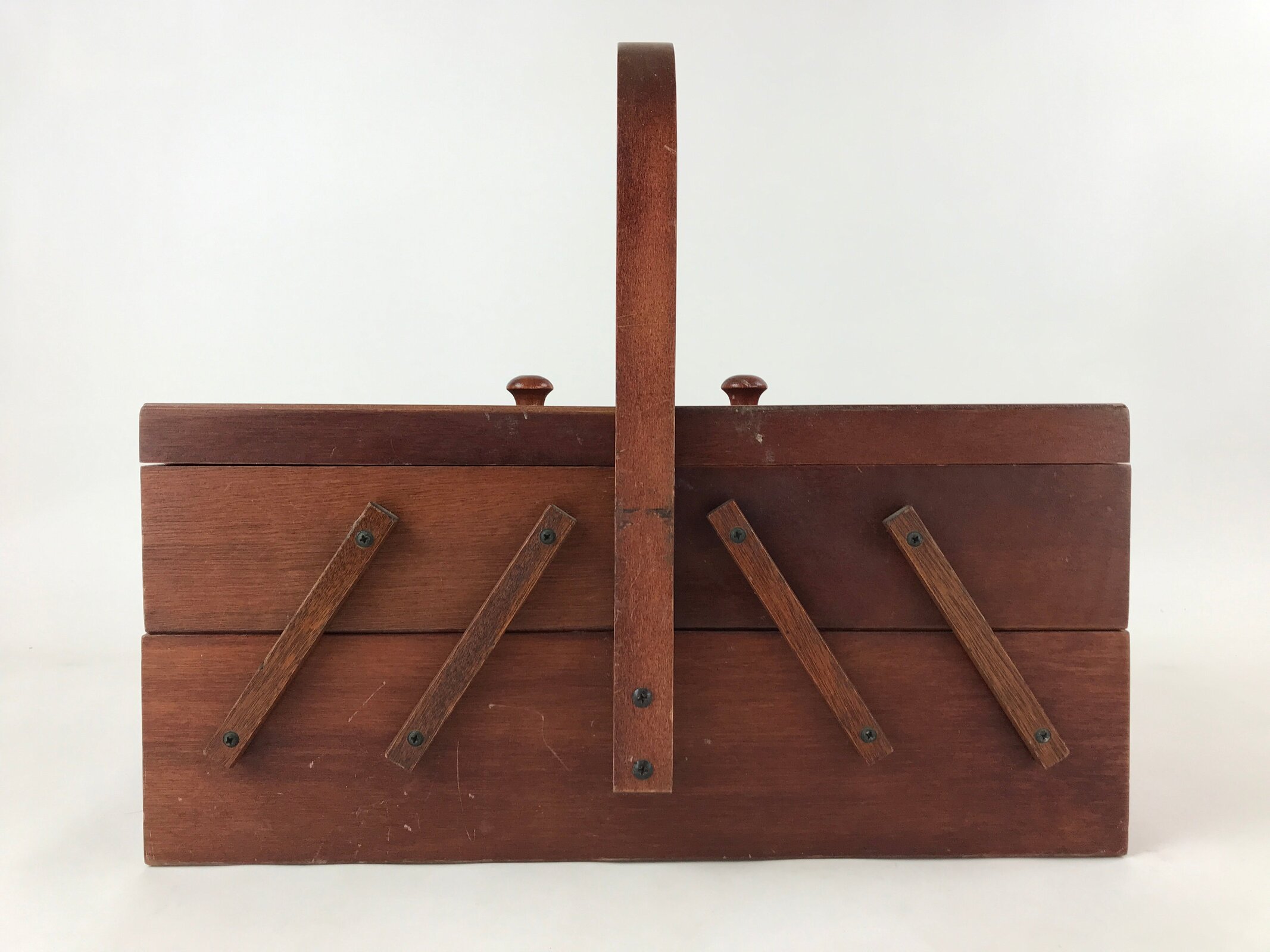 Japanese Wooden Accordion Sewing Box Vtg Haribako Storage Chest Brown T355