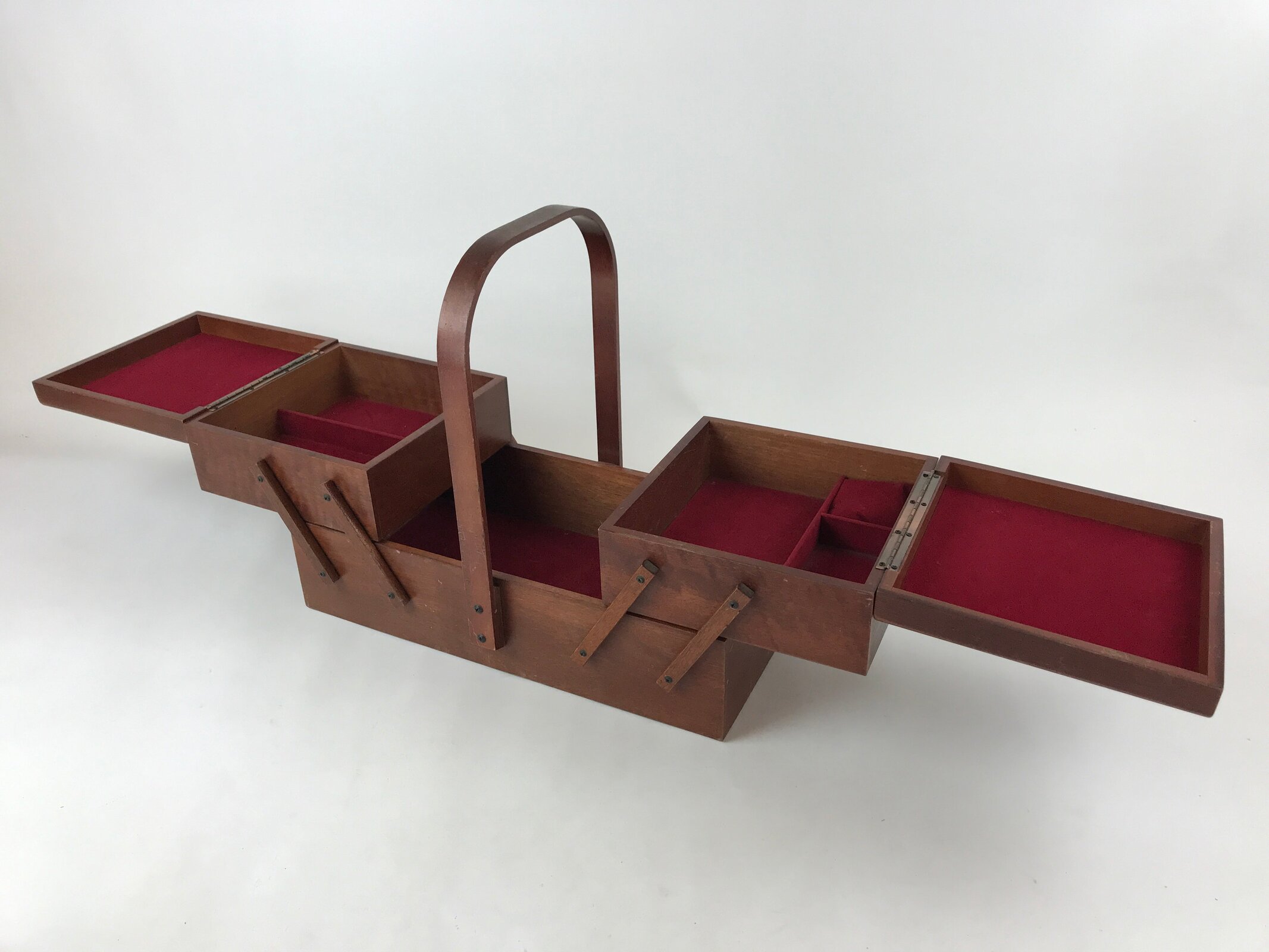 Japanese Wooden Accordion Sewing Box Vtg Haribako Storage Chest Brown T355