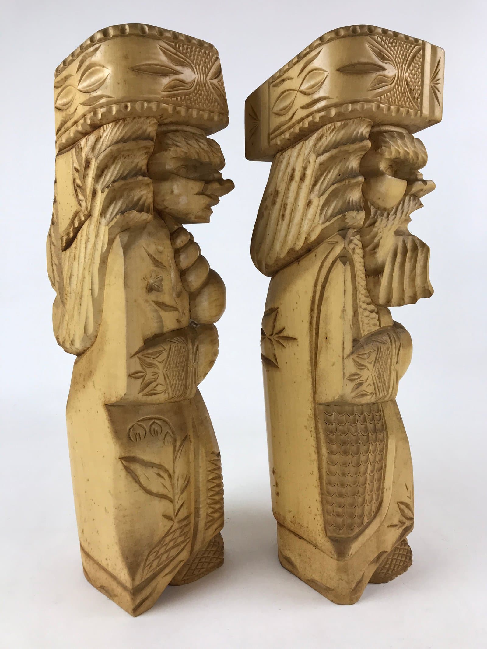 Japanese Wooden Ainu Nipopo Statue Vtg 2pc Large Okimono Hokkaido Brown AB109