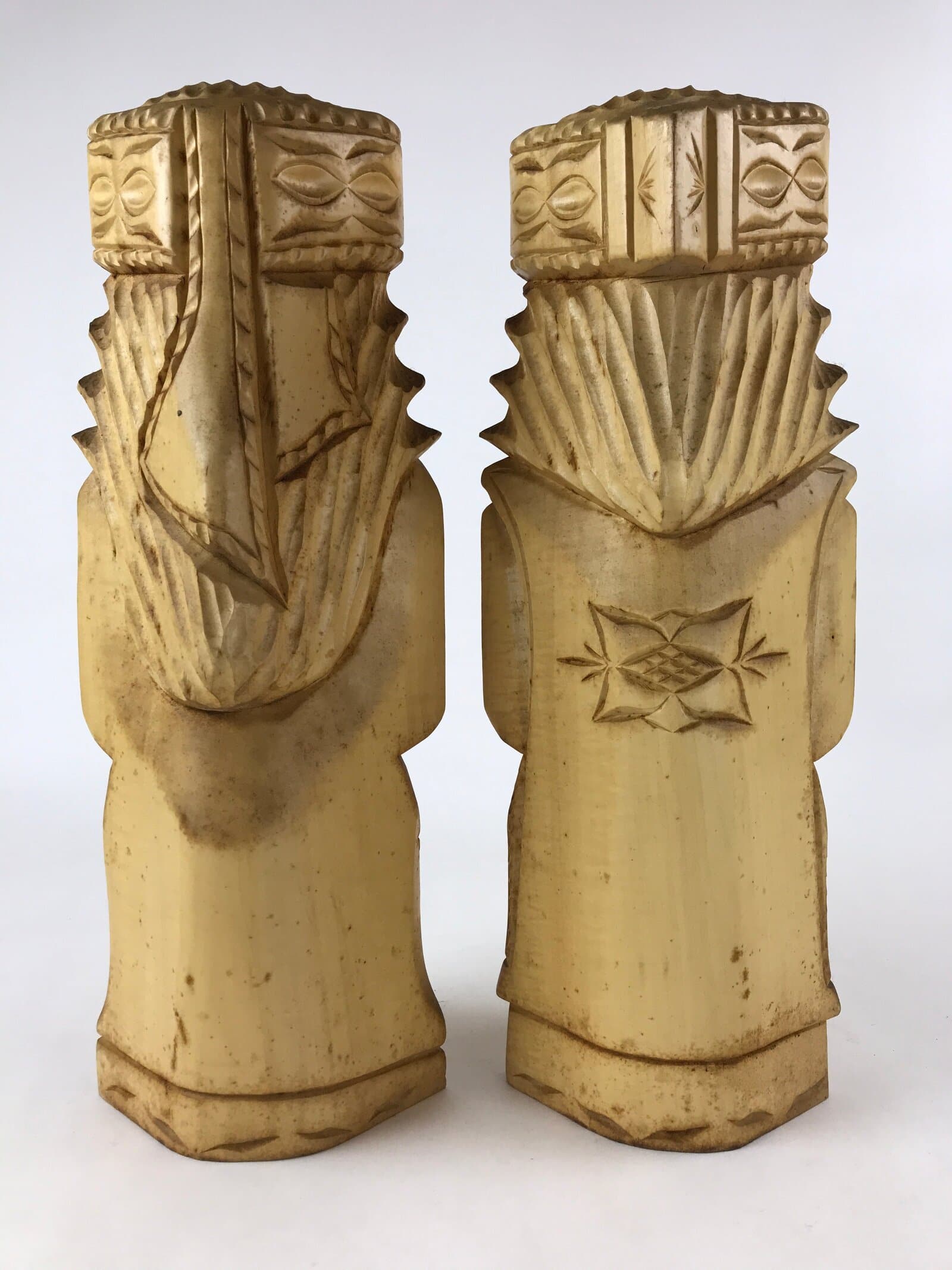 Japanese Wooden Ainu Nipopo Statue Vtg 2pc Large Okimono Hokkaido Brown AB109