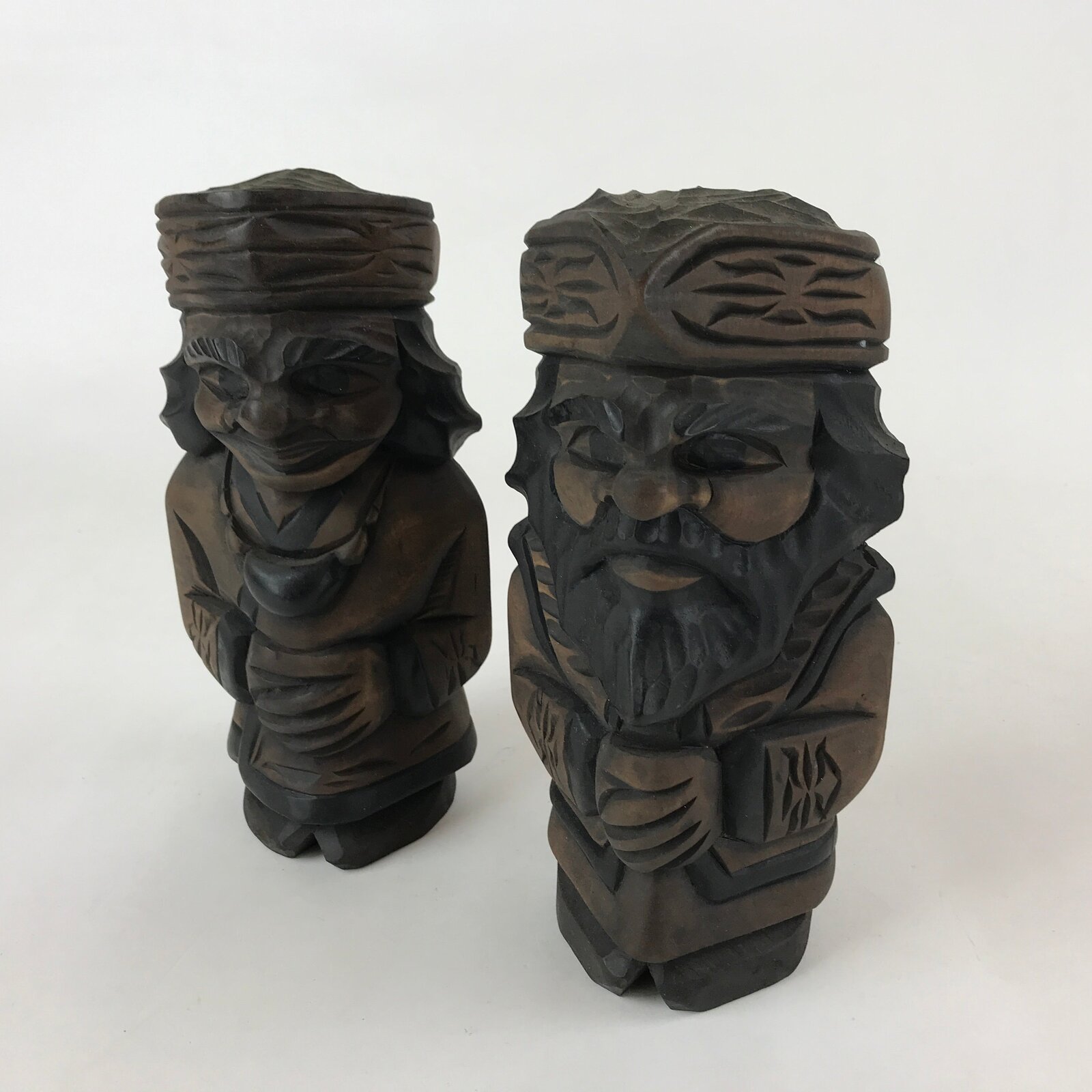 Japanese Wooden Ainu Nipopo Statue Vtg 2pc Set Okimono Hokkaido Brown AB108