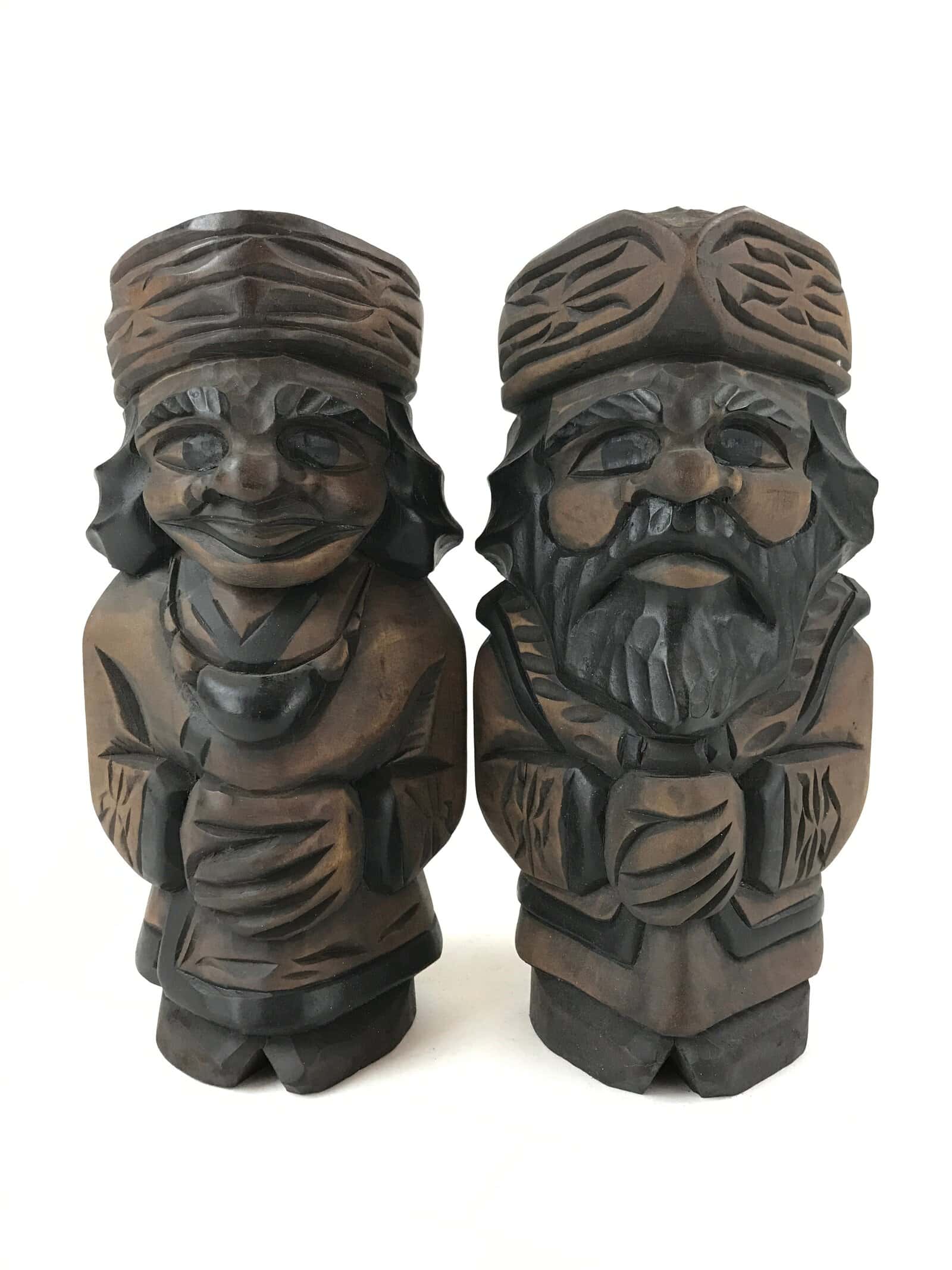 Japanese Wooden Ainu Nipopo Statue Vtg 2pc Set Okimono Hokkaido Brown AB108