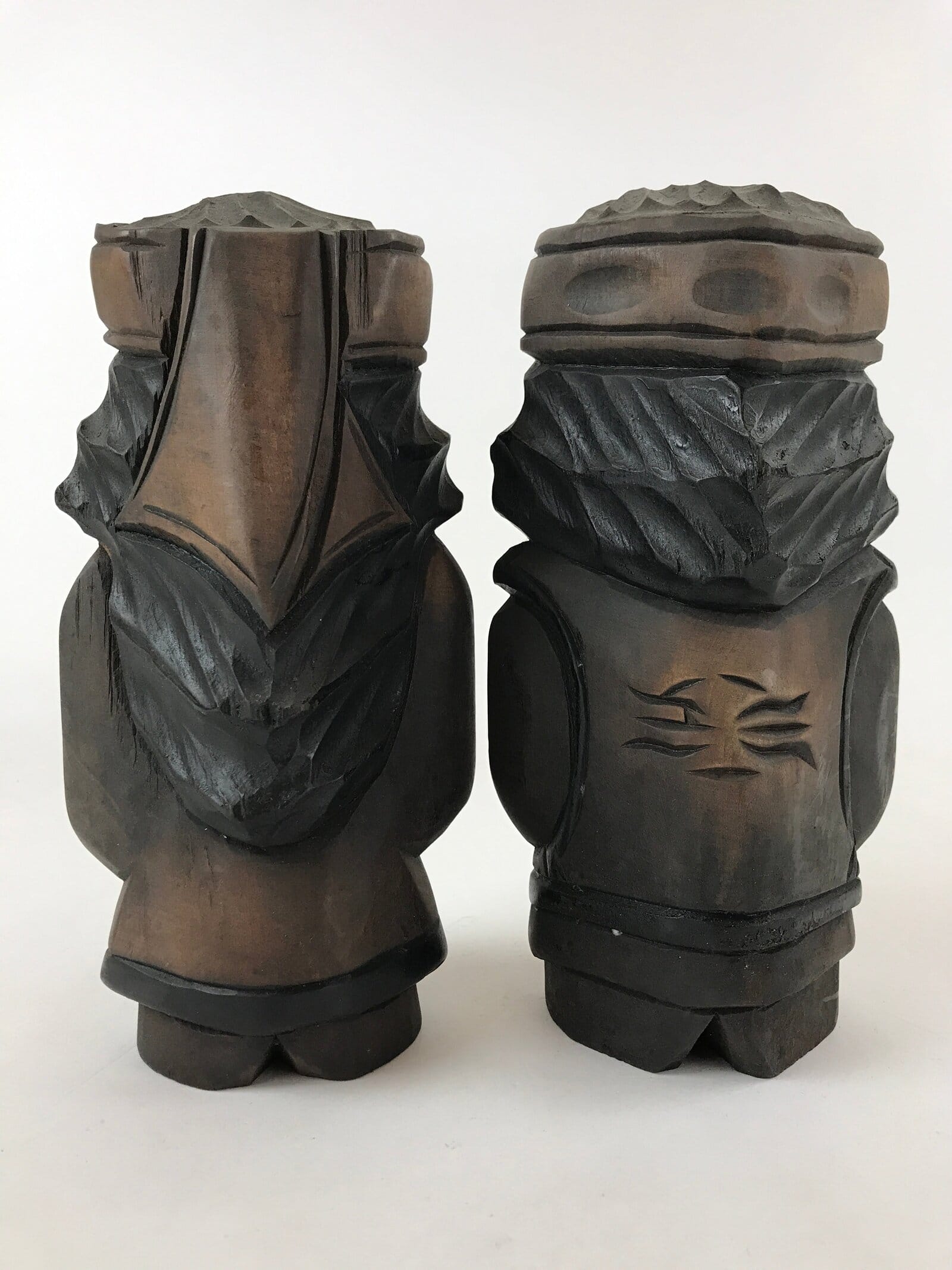 Japanese Wooden Ainu Nipopo Statue Vtg 2pc Set Okimono Hokkaido Brown AB108