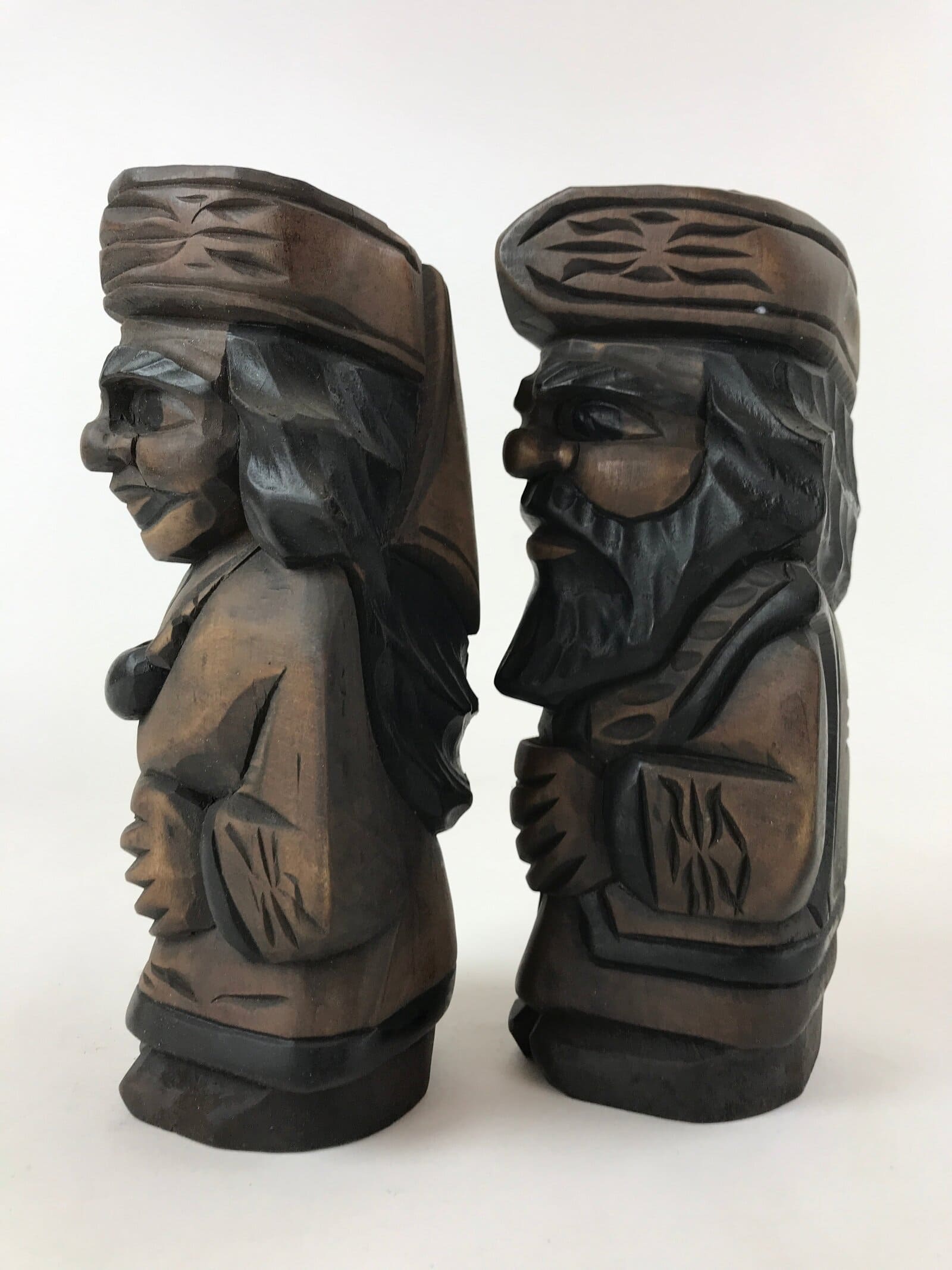 Japanese Wooden Ainu Nipopo Statue Vtg 2pc Set Okimono Hokkaido Brown AB108