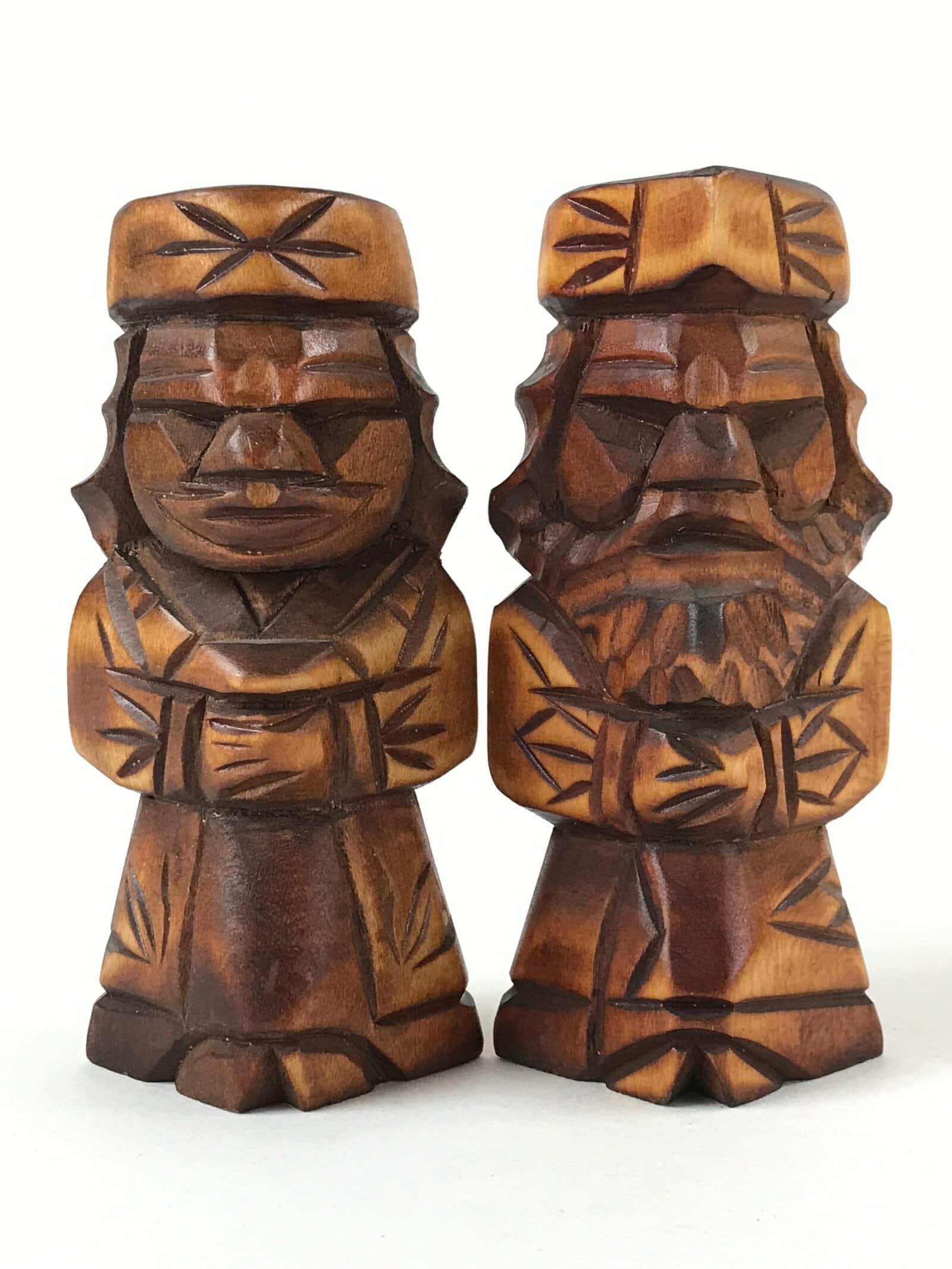 Japanese Wooden Ainu Nipopo Statue Vtg 2pc Small Okimono Hokkaido Brown AB110