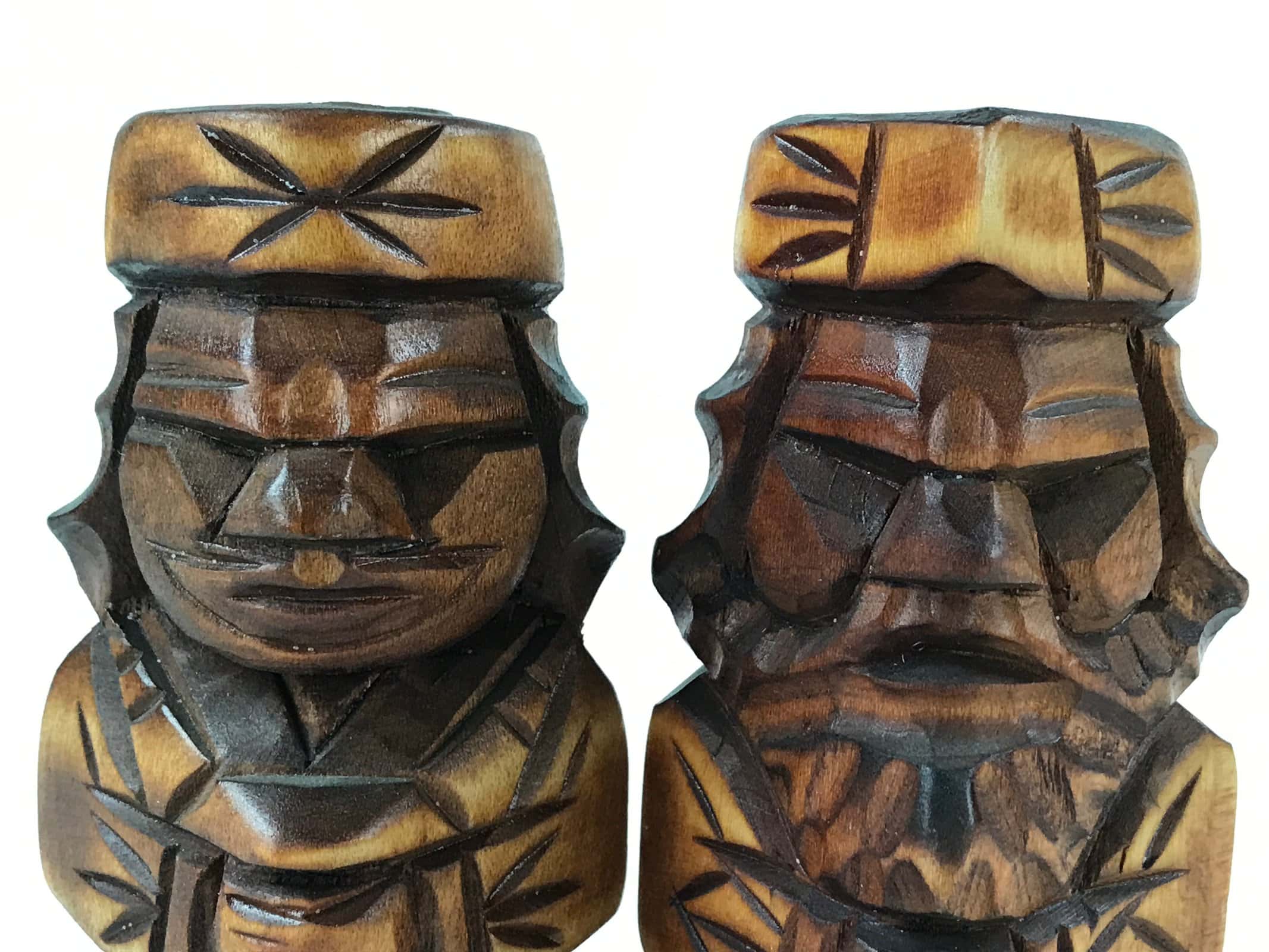 Japanese Wooden Ainu Nipopo Statue Vtg 2pc Small Okimono Hokkaido Brown AB110