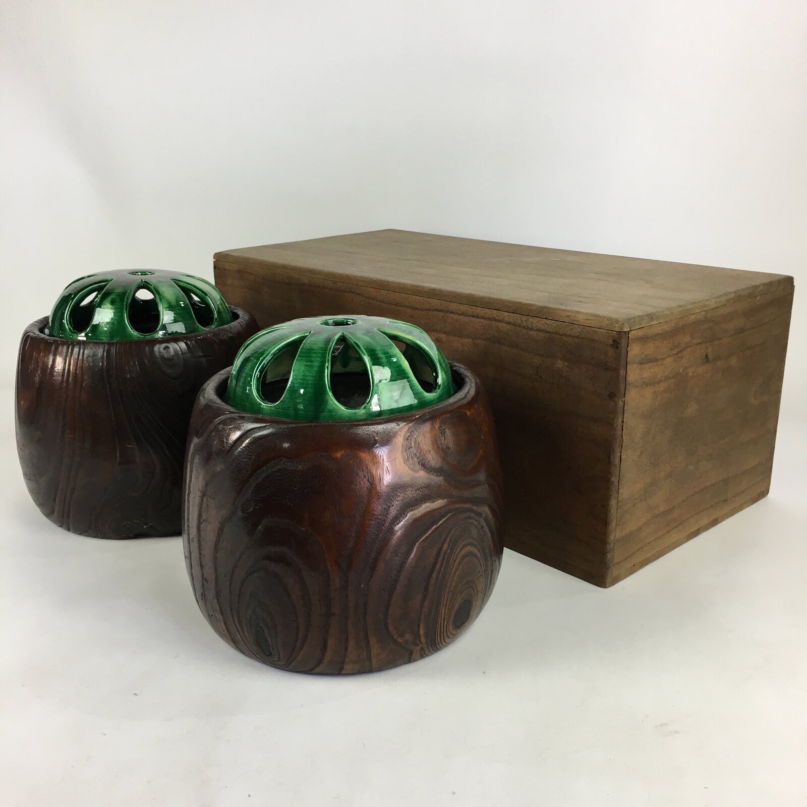 Japanese Wooden Brazier Fire Pit 2pc Set Vtg Tea Ceremony Hibachi H40