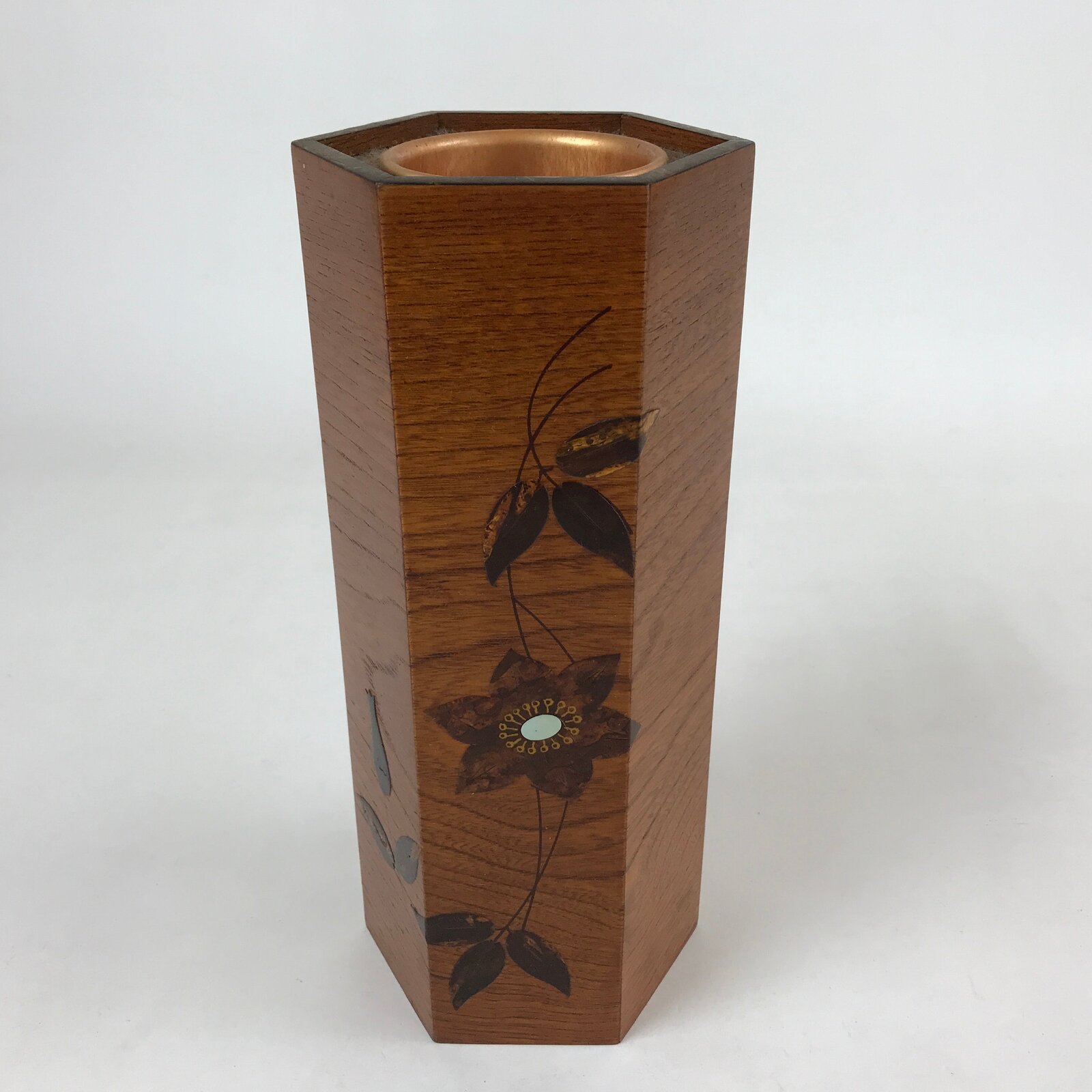 Japanese Wooden Brushed Lacquer Flower Vase Kabin Vtg Ikebana Raden Brown FK83
