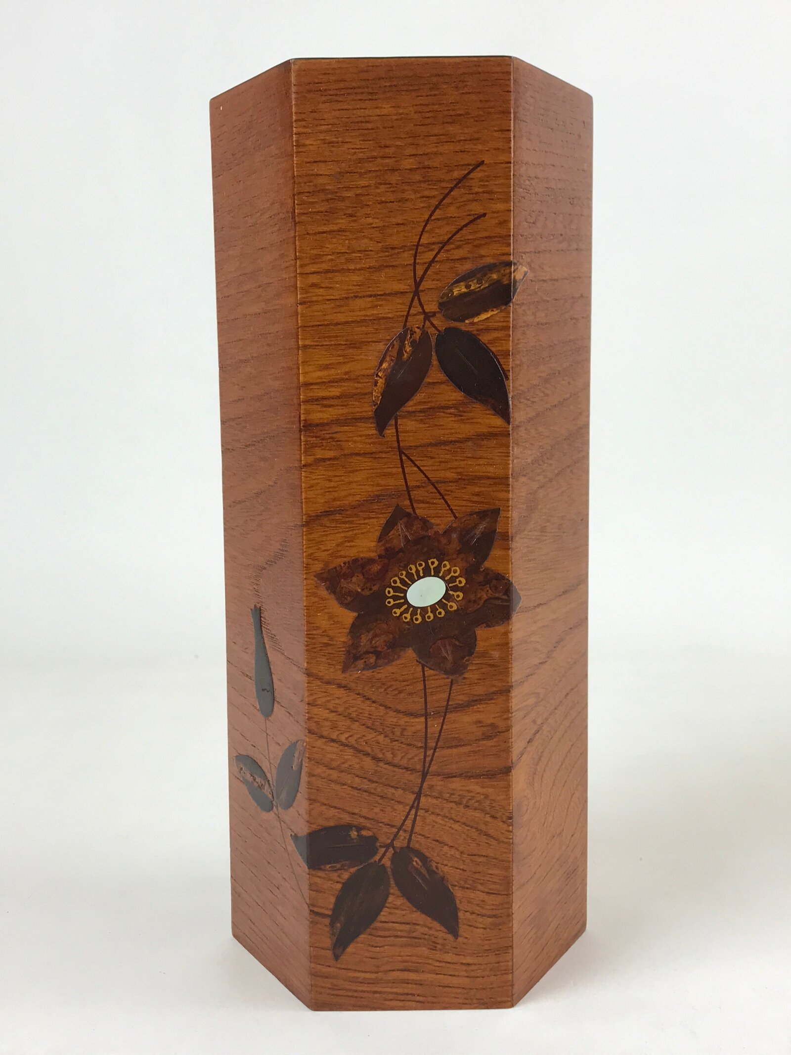 Japanese Wooden Brushed Lacquer Flower Vase Kabin Vtg Ikebana Raden Brown FK83