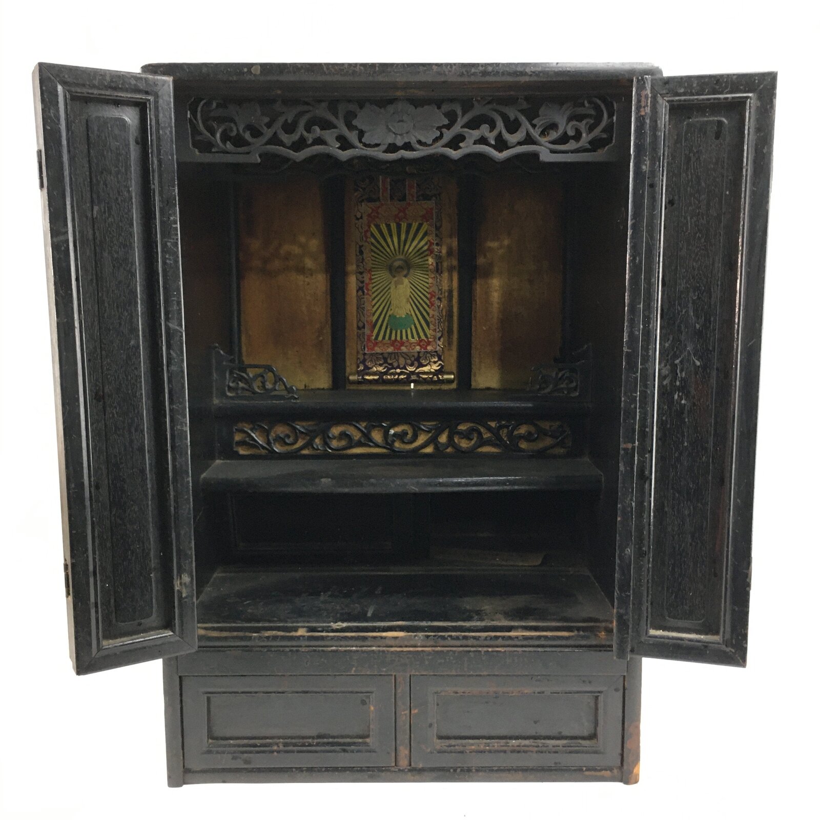 Japanese Wooden Buddhist altar Vtg Butsudan Wood Cabinet Black T259