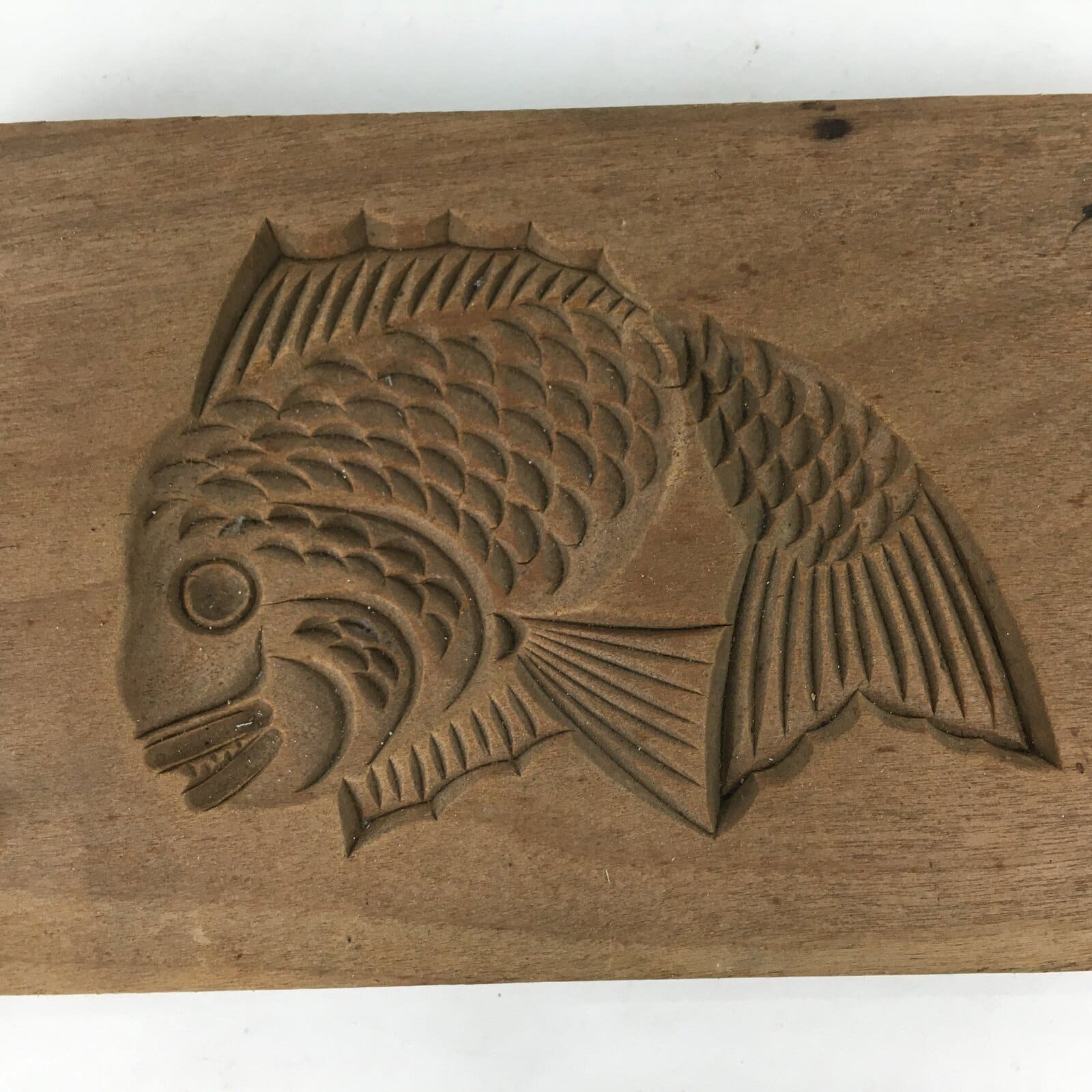 Japanese Wooden Cake Mold Kashigata Sweets Vtg Carving Brown Snapper Kg341